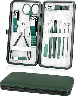 Manicure Kit Nail Clippers, 12 Pcs Pedicure Manicure Kit, (Dark Green | Professional Stainless Steel Nail Care Tools with Leather Cover, Grooming Gift for Men Women