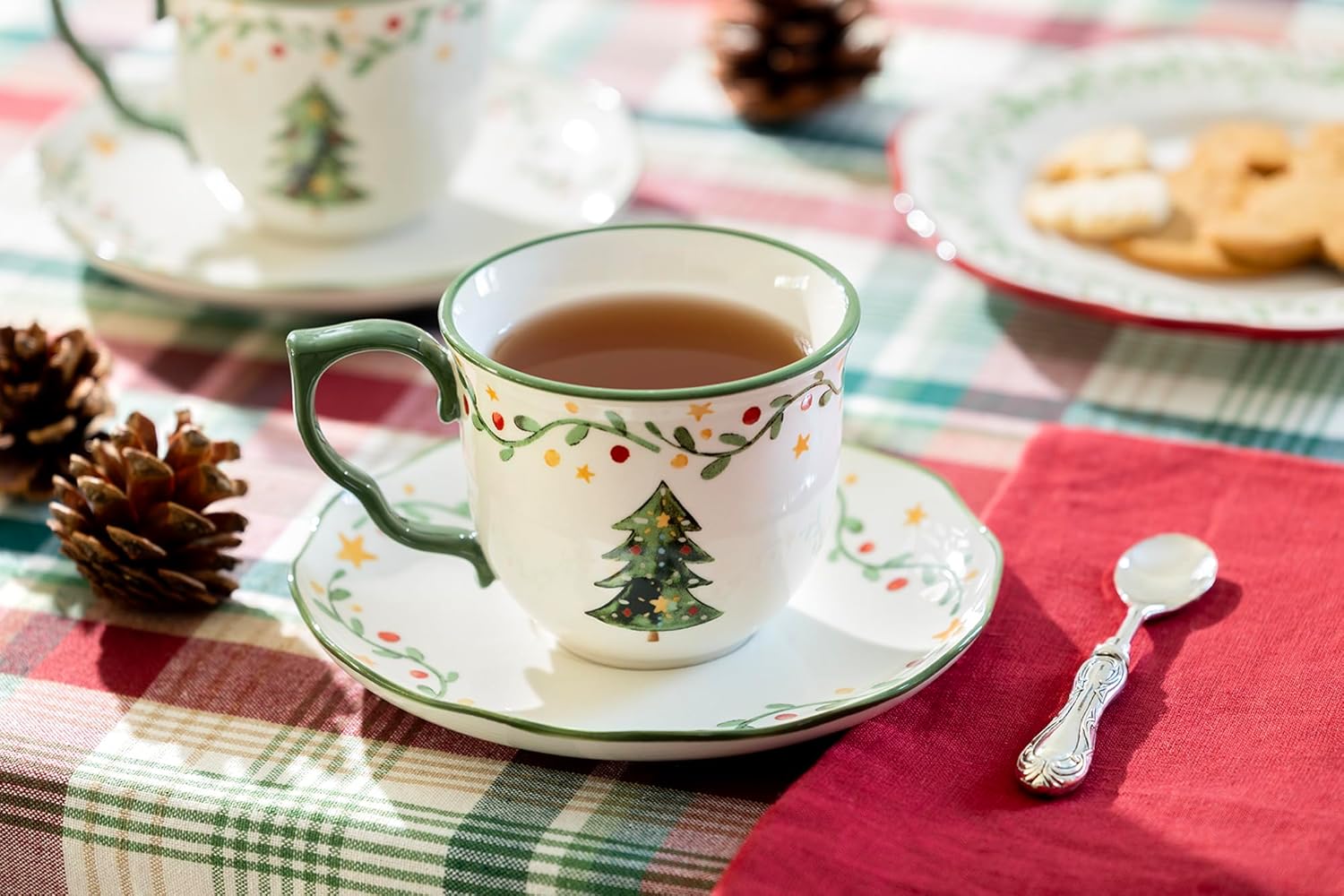 Christmas Tree Delight 12oz Ceramic Cup and Saucer, Holiday Afternoon Tea, Winter Tea Party, Seasonal Gift