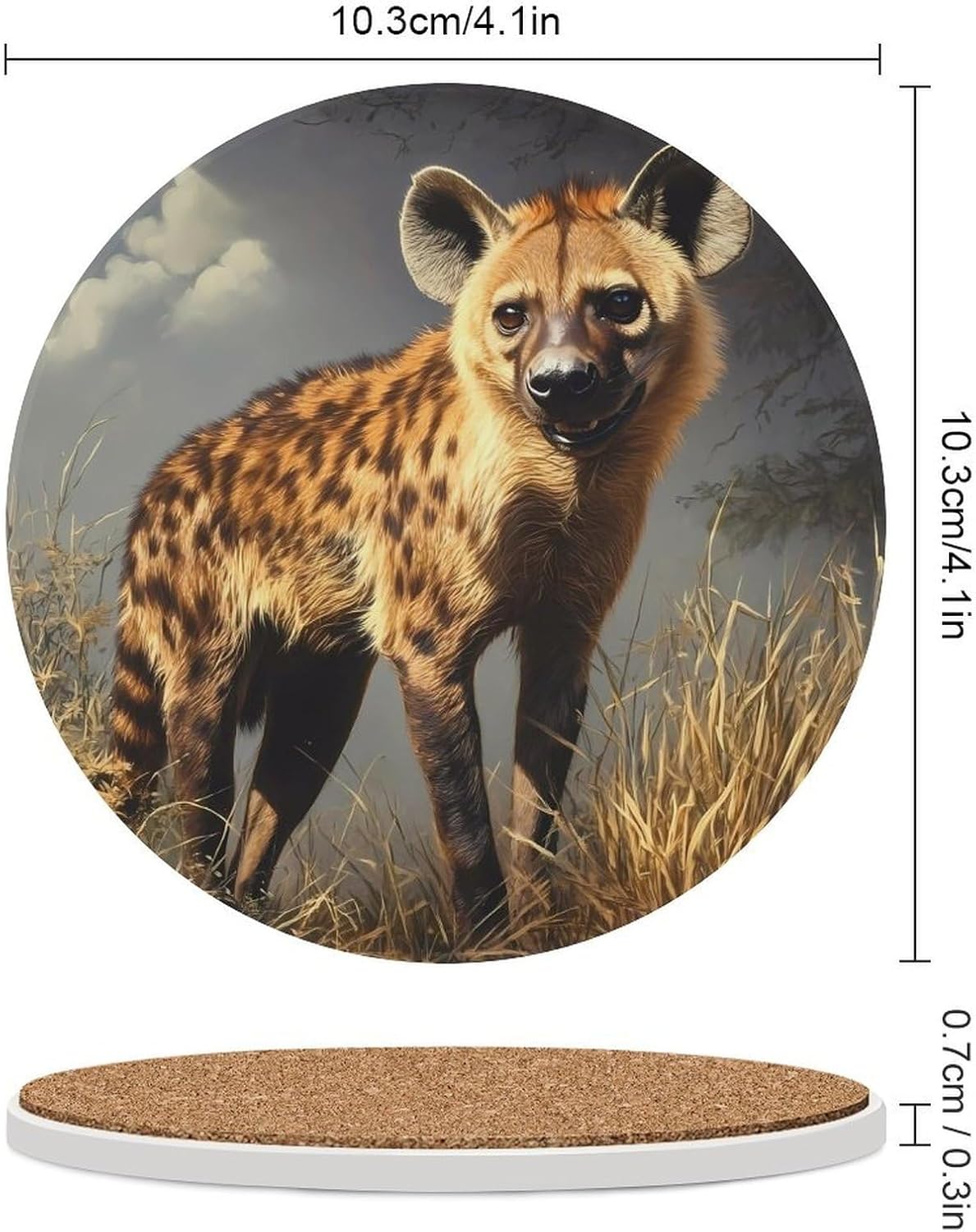 African Hyena Round Ceramic Coasters for Drinks Absorbent Cup Holder Tabletop Protector with Cork Base