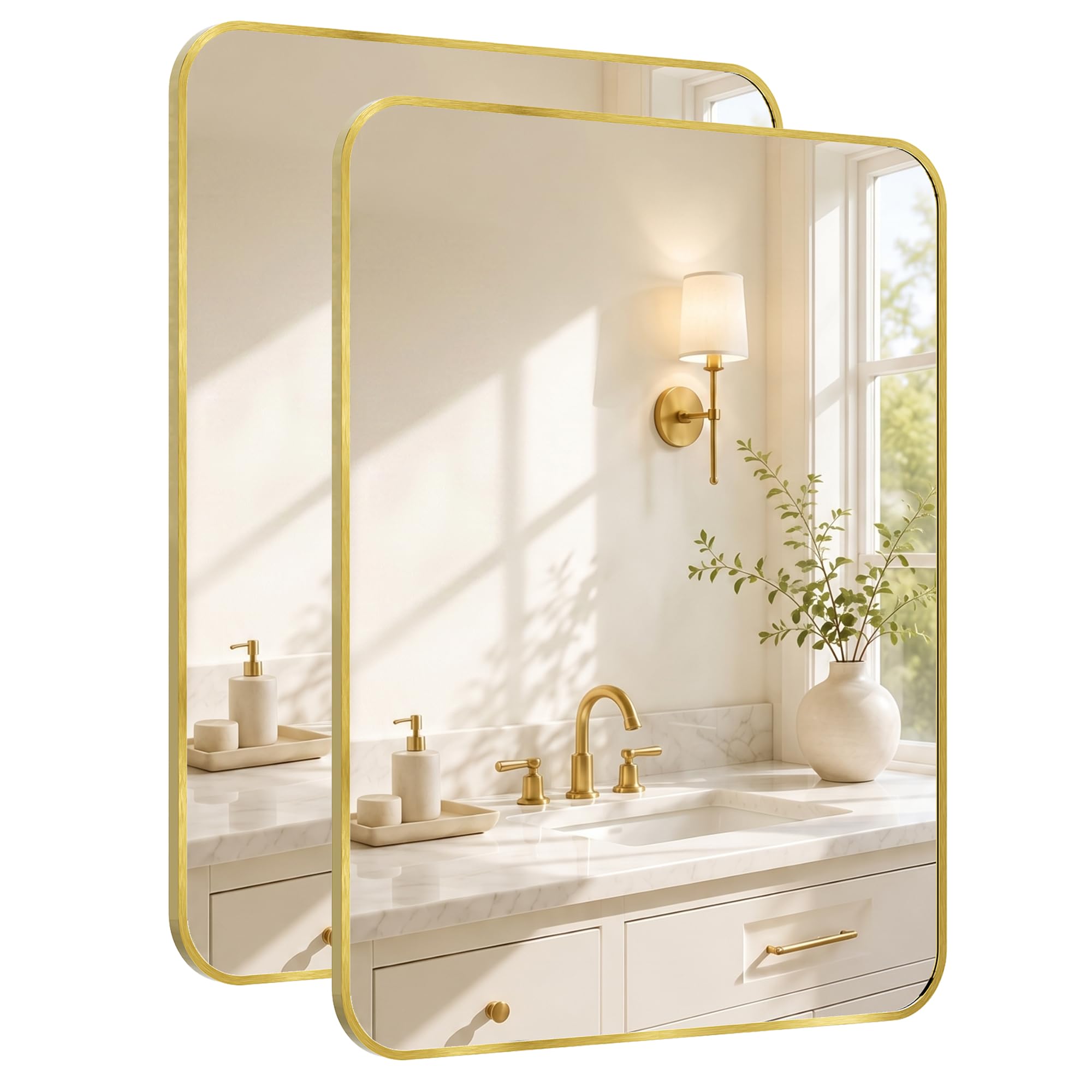 Pocetry 2-Pack 24x30 Inch Brushed Gold Rounded Rectangle Vanity Mirrors