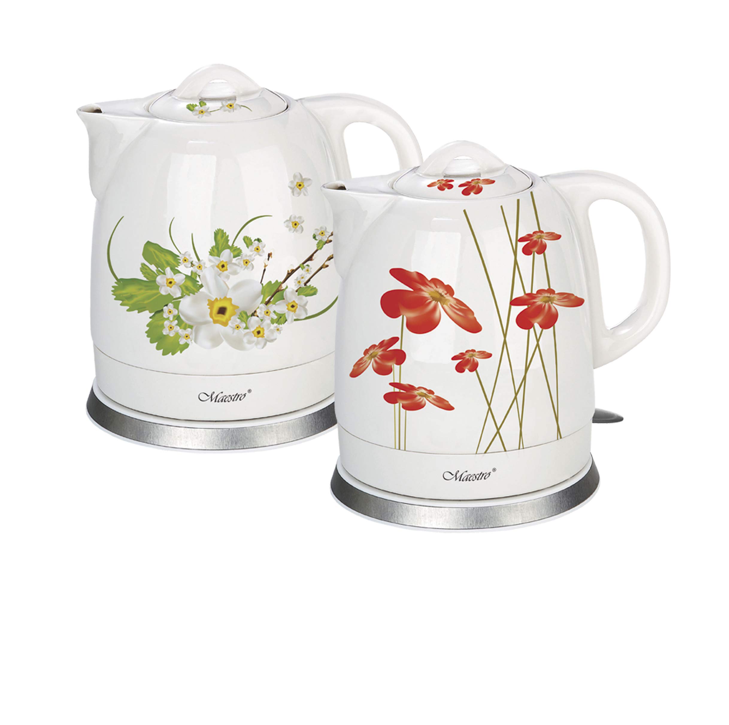Maestro Hervidor eléctrico de cerámica MR066, diseño de flores, 1,5 l, color blanco y rojo