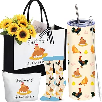Reallnaive 4 Pcs Graduation Chicken Gift Set, 20 oz Skinny Water Tumbler with Chickens Socks Tote Bag Makeup Bag, Thank You Gift for Her College High School Women Chicken Lover
