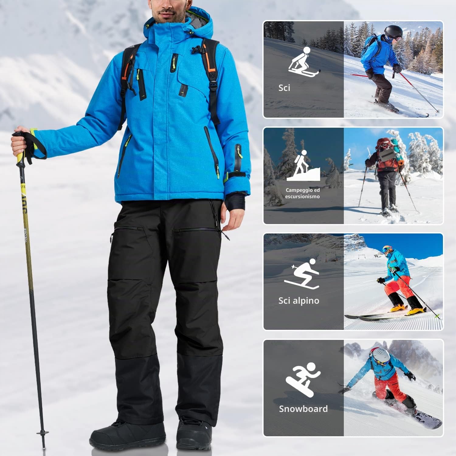 Pioneer Camp Pantaloni da sci e snowboard da uomo, impermeabili, isolanti, antineve, con cinghie rimovibili, per l'inverno, Nero, L