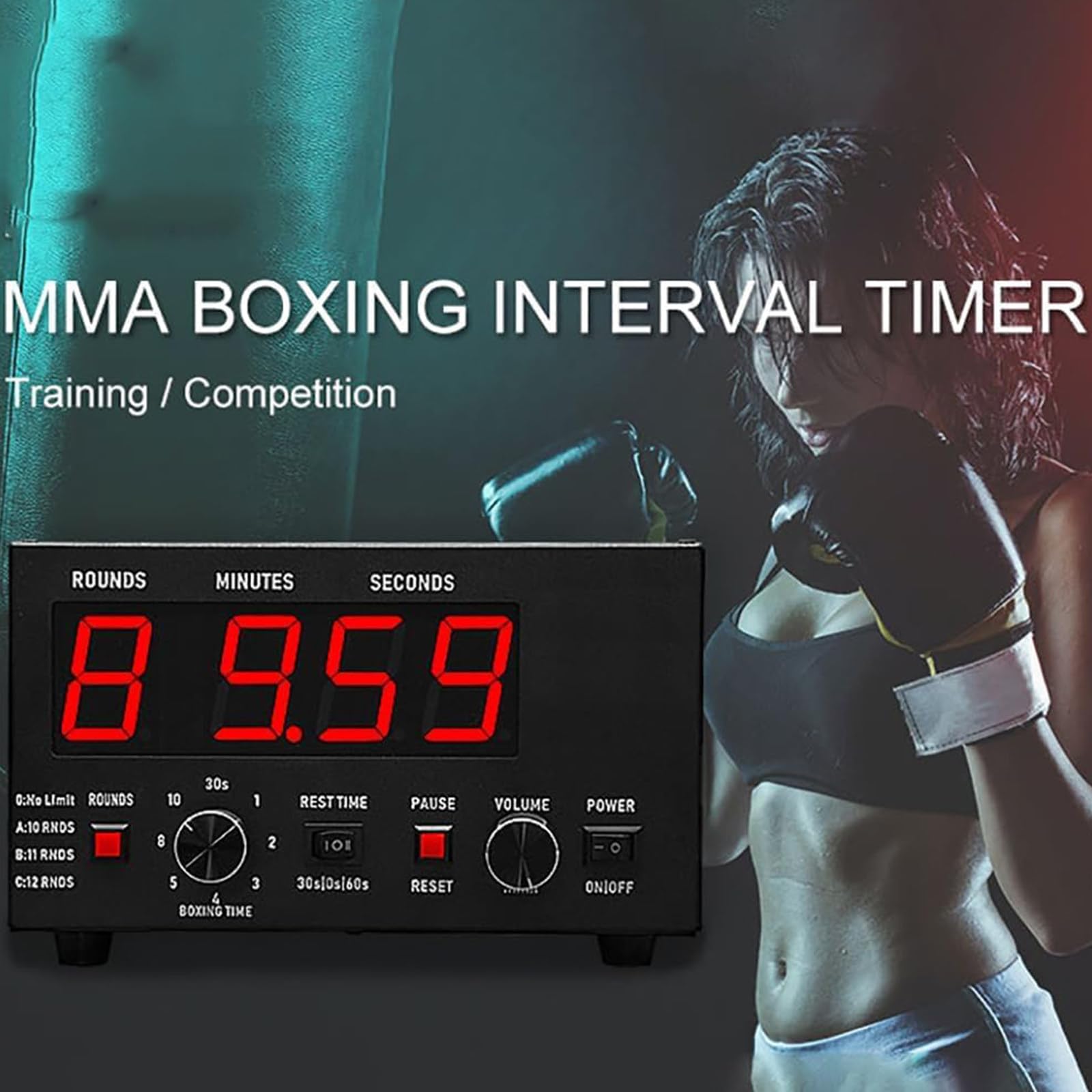 Timer da boxe, timer professionale a intervalli da palestra con cicalino regolabile, 1-12 giri di sfida, tempo di riposo 30-10 minuti, ripetizioni del ciclo per MMA e kickboxing