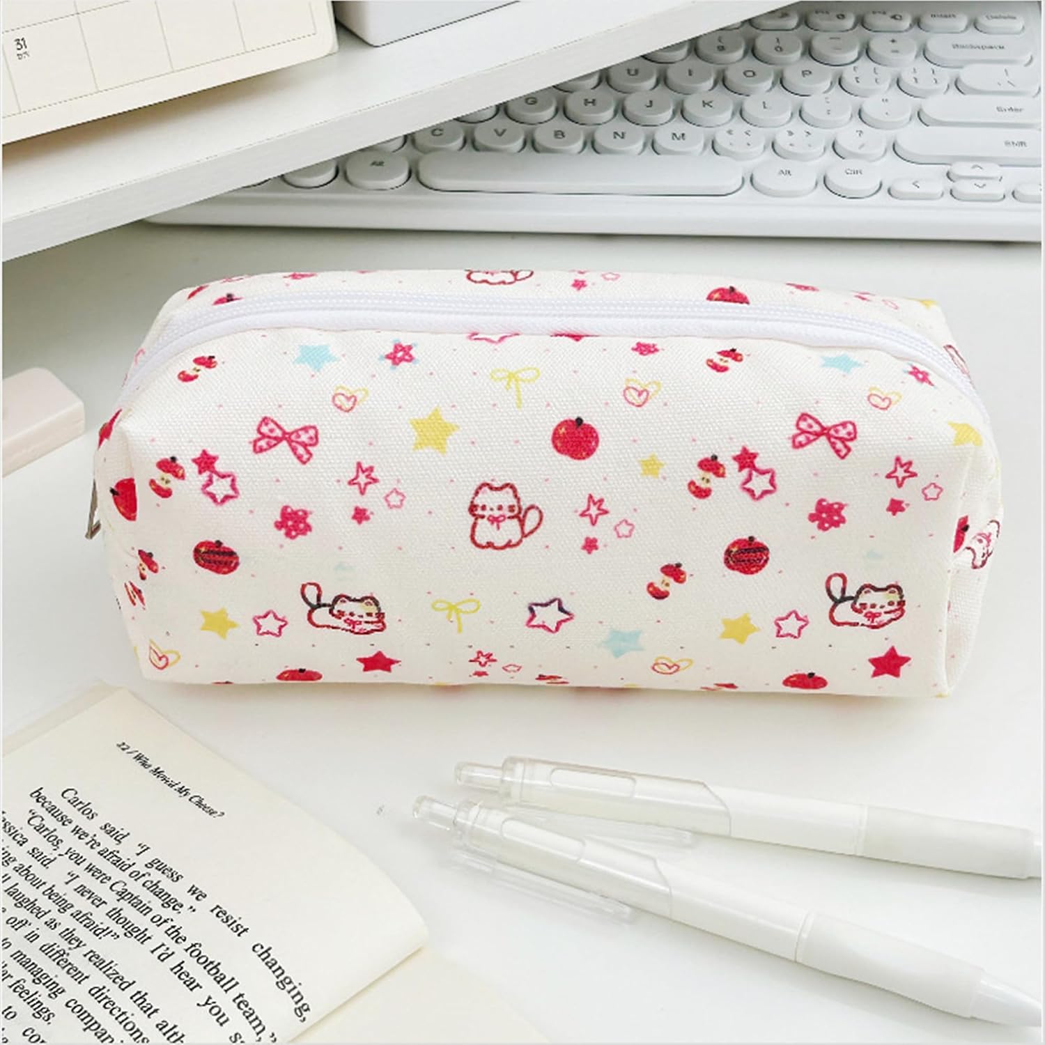 Large Capacity Canvas Pencil Case for Students Cute Aesthetic Pen Pouch Stationery Organizer Bag for School Portable Makeup Bag for Daily Use Kawaii Pencil Box for Girls Teens Kids (Canvas-J) image 3