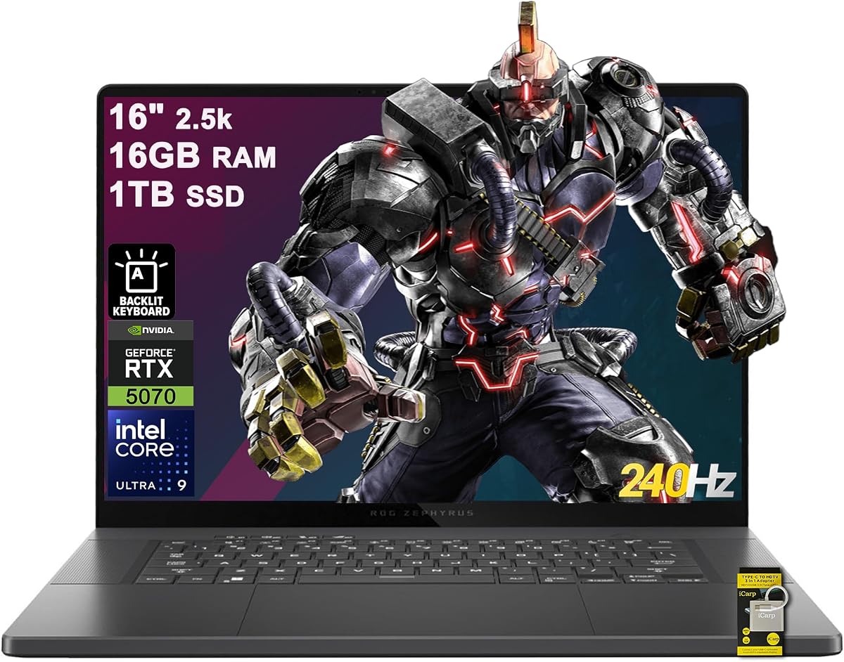 ROG Zephyrus G16 Gaming AI Laptop 16" 2.5k 2560x1600 OLED 240Hz (500nits) Intel 16-core Ultra 9 285H 16GB RAM 1TB SSD GeForce RTX 5070 (Up to 798 AI Tops) RGB Backlit Thunderbolt Win11 ICP Hub