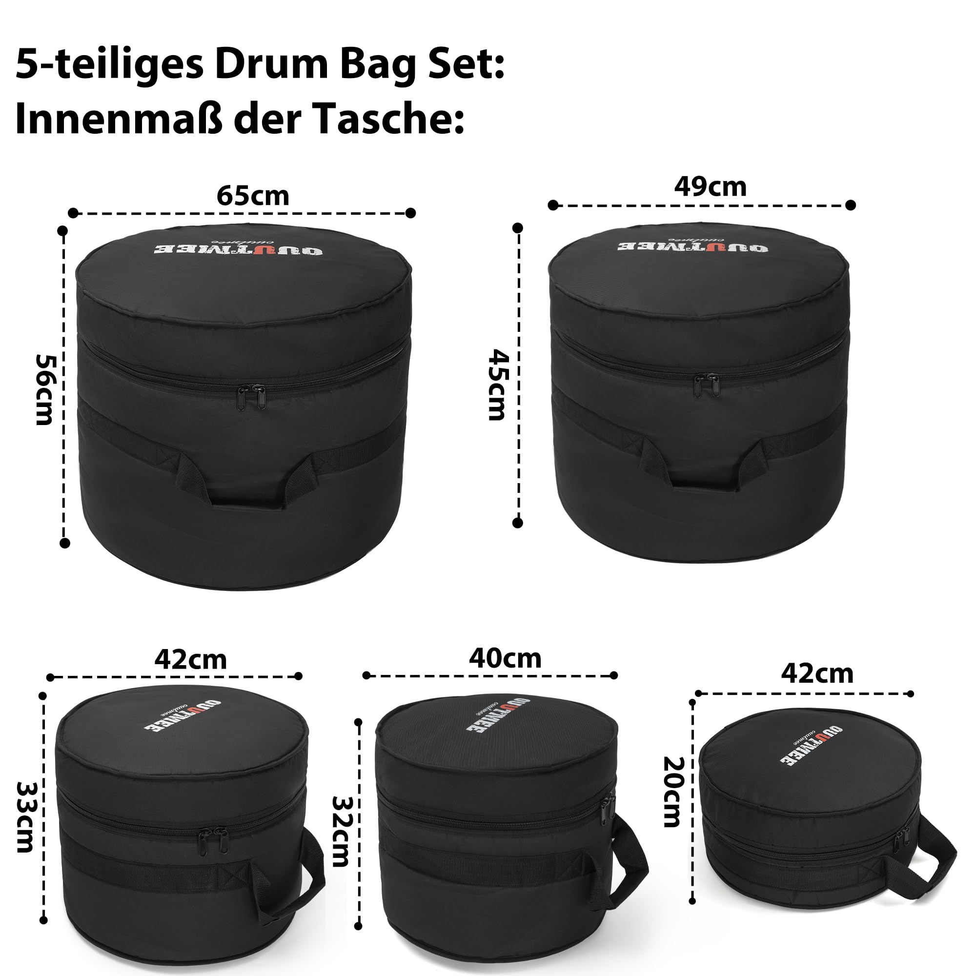 OUUTMEE 5-teiliges Trommeltaschen-Set für Snare Drum, 12" Tom, 13" Tom, 16" Floor Bass Tom, 18" Tom, 22"/24" Bass Drum, 8MM