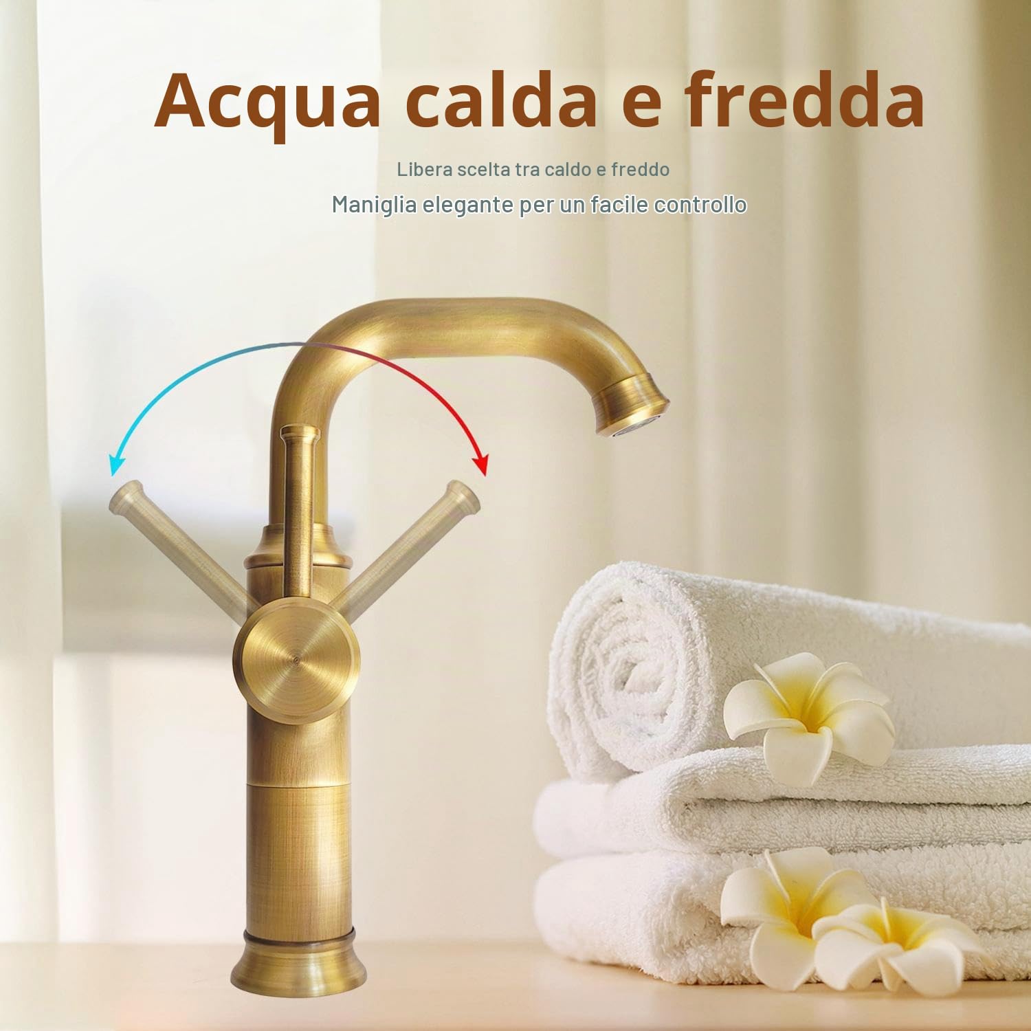 Rubinetto Alto Bagno Lavabo Ottone Antico | Retrò miscelatore monocomando, girevole a 360°, acqua calda e fredda, cartuccia ceramica, G3/8, per lavello bagno