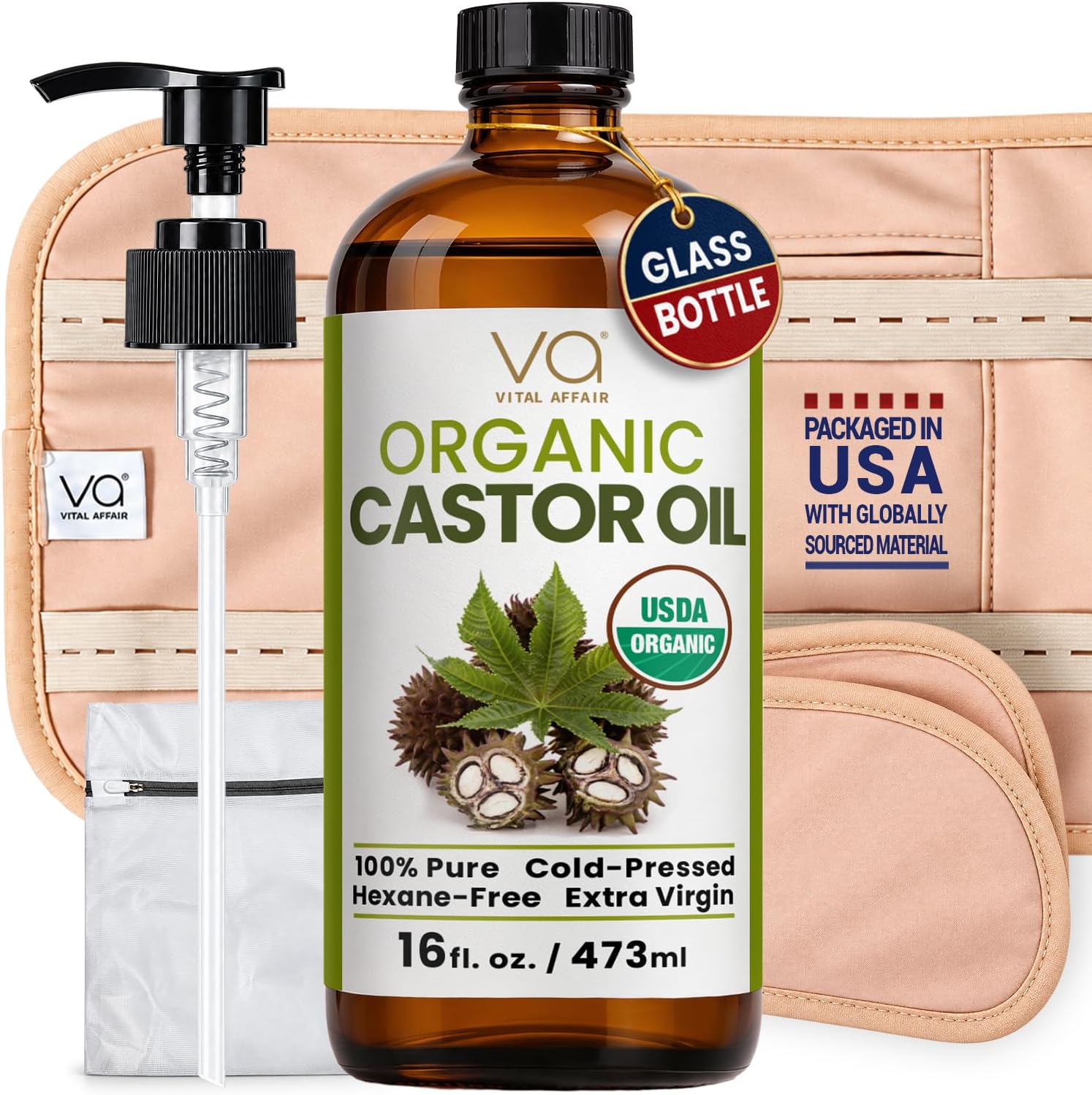 Castor Oil Pack Wrap Kit 16oz Glass Bottle with Organic Castor Oil