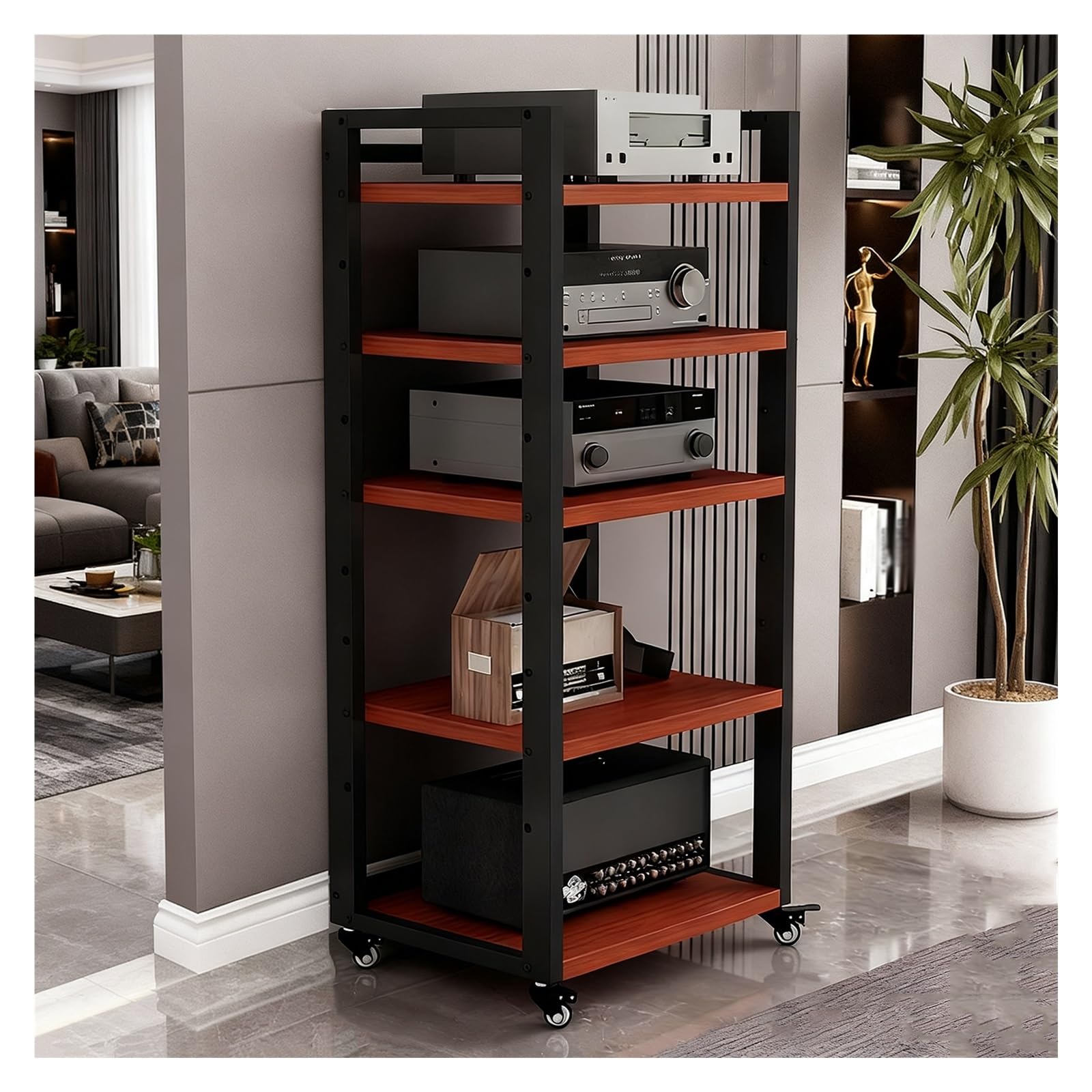 5-poziomowy stojak na sprzęt HiFi, stojak na gramofon z kółkami i regulowanymi półkami, wolnostojący, ruchomy stojak na sprzęt audio do sal gier, studiów nagraniowych (kolor tekowy, 50 x 40 x 120