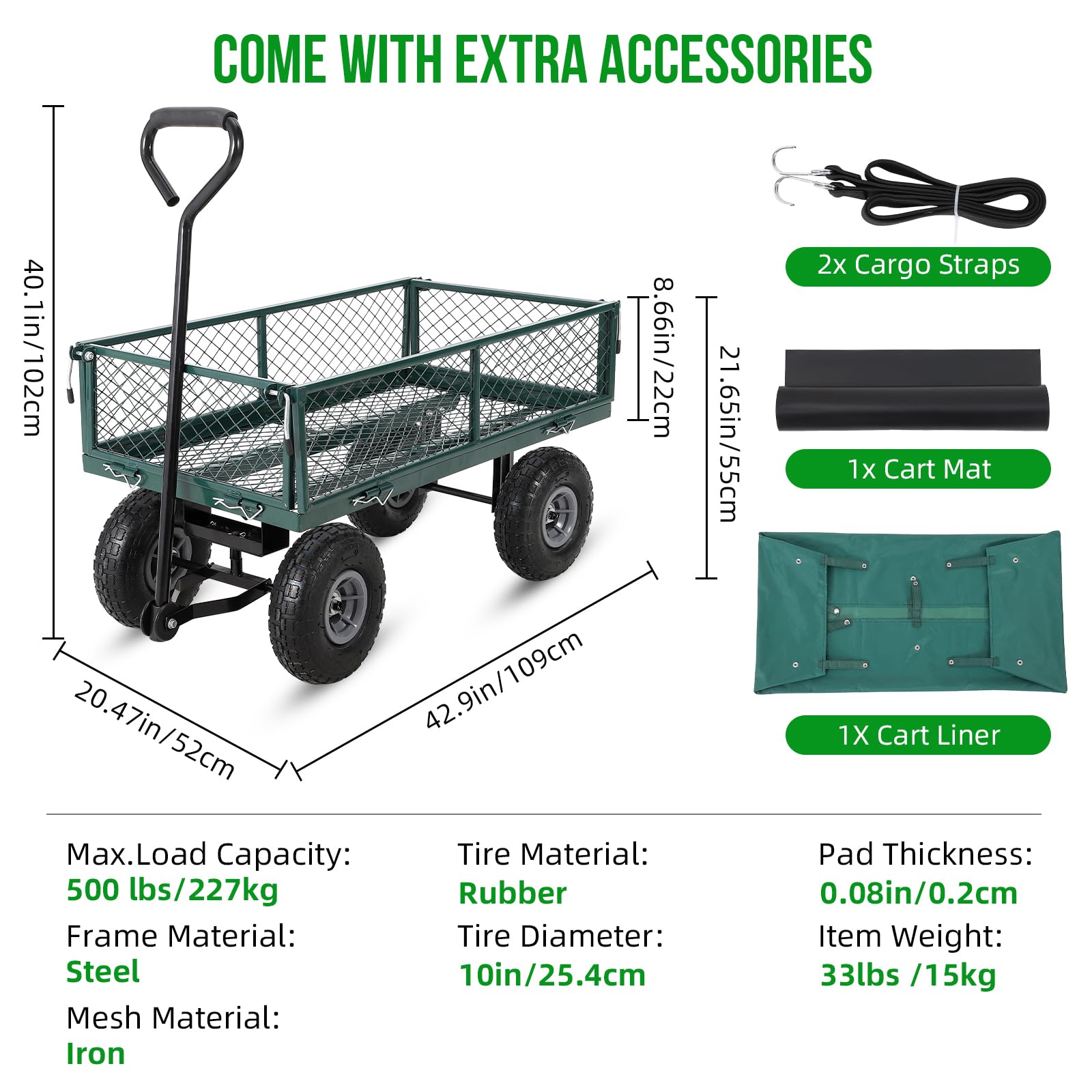 Garvee Chariot de Jardin Robuste 440 lbs – Acier – Côtés grillagés Amovibles – Roues 25 cm – Poignée rotative 180° – Idéal Jardin, pelouse, Ferme, Plage – Vert, capacité 440 lbs