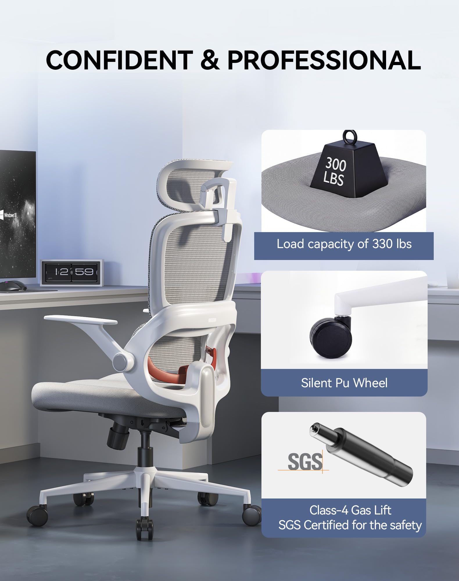 SIHOO M18 Ergonomic Office Chair, Computer Desk Chair with Adjustable Headrest and Lumbar Support, High Back Executive Swivel Chair for Home Office (Pure Black) view 4