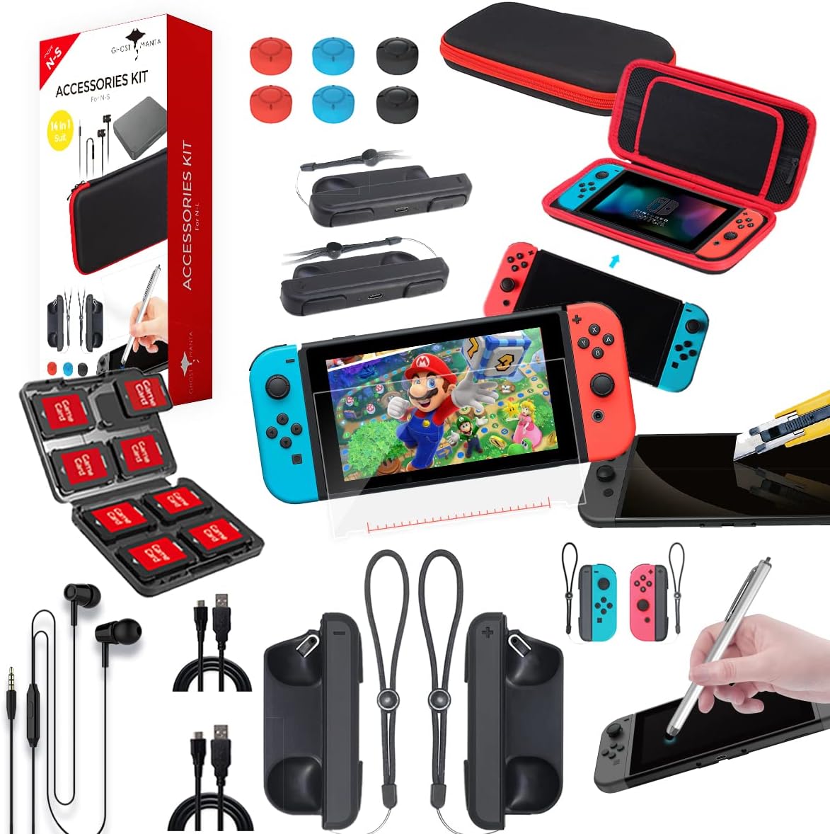 Switch 14 in 1 Accessories Kit Compatible with Nintendo Switch, Bundle with Mini Charging Grip, Headphone, Carry Bag, Screen Protector, Game Card Storage, Stylus, 6 Thumb Grips Switch 14 in 1 Accessories Kit Compatible with Nintendo Switch, Bundle with Mini Charging Grip, Headphone, Carry Bag, Screen Protector, Game Card Storage, Stylus, 6 Thumb Grips