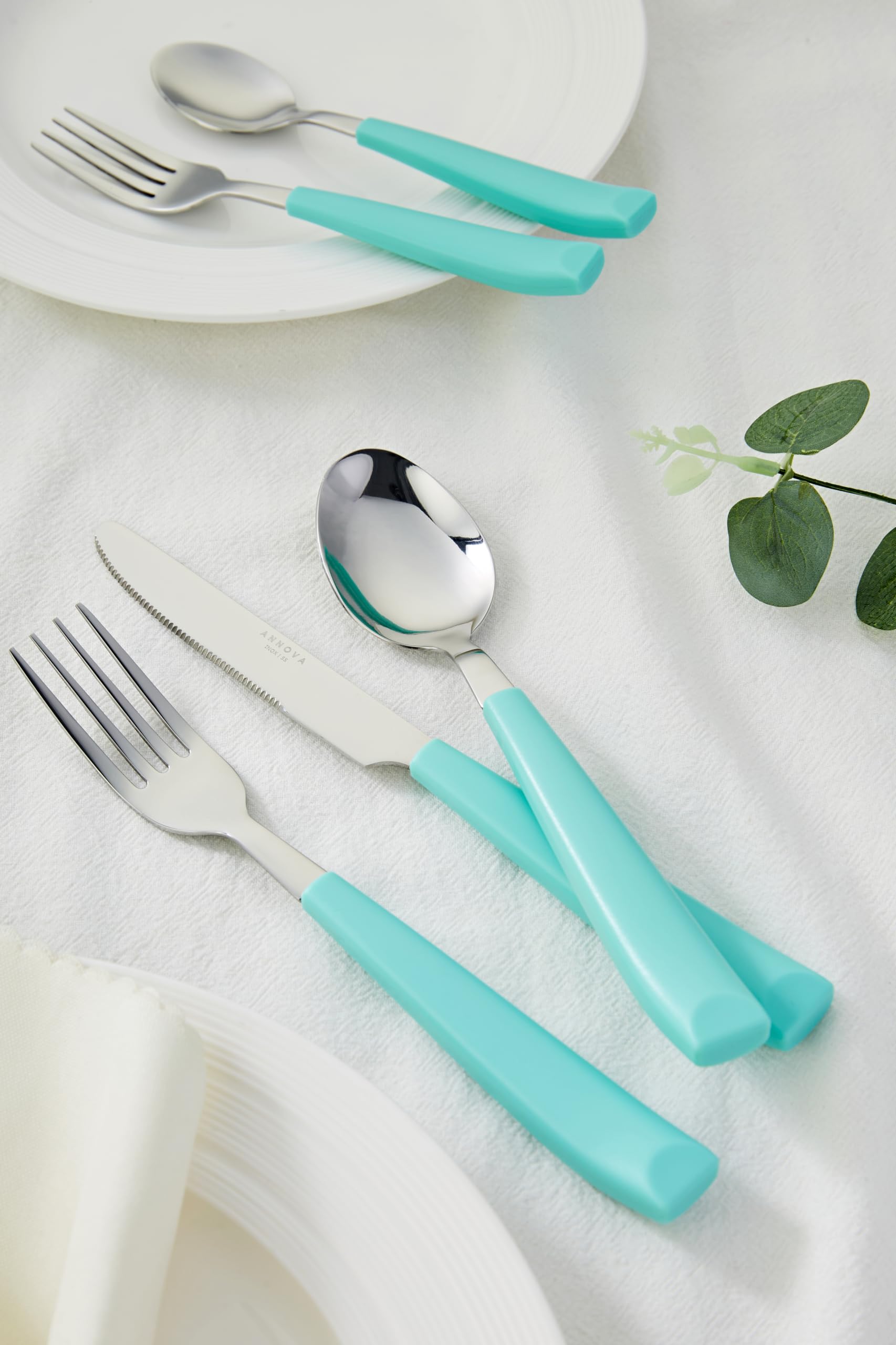 ANNOVA Set di posate, set di posate con manico colorato in acciaio inossidabile, include coltelli da tavola, forchette, cucchiai, forchette da insalata e cucchiai da dessert(20 Pieces, Turquoise)