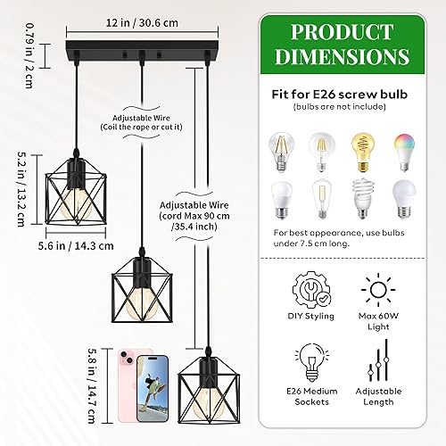 Miniatura 2 de Iluminación Colgante de 3 Luces, Luminaria Colgante Estilo Granja para Isla de Cocina y Comedor, Lámpara de Techo Industrial Vintage con Base E26,