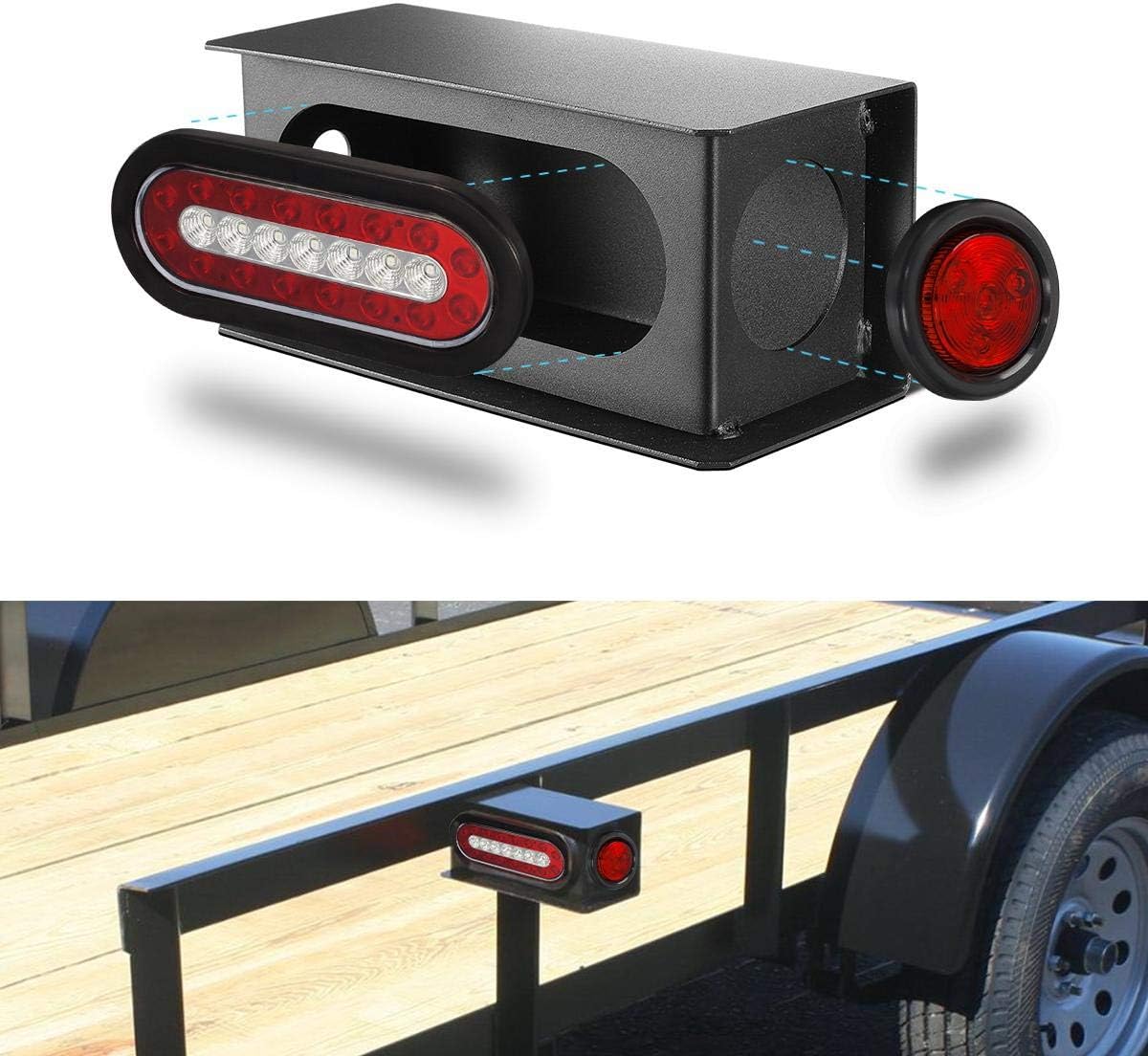 Partsam 2Pcs Steel Trailer Light Boxes Housing Kit, 6" Oval Led Trailer Tail Lights Red/Amber Parking Turn Signal Lights & 2" Red Led Round Side Marker Clearance Lights w/Grommets and wire Connectors