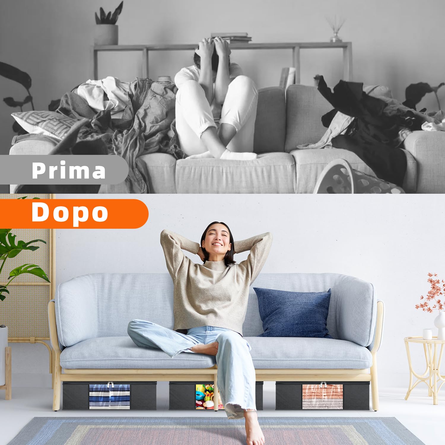 3 Pezzi Contenitori Sottoletto 40L per Vestiti, Borse Salvaspazio Pieghevoli in Tessuto non Tessuto 120g con Doppia Finestra Trasparente Frontale e Laterale, Maniglie Rinforzate, Grigio