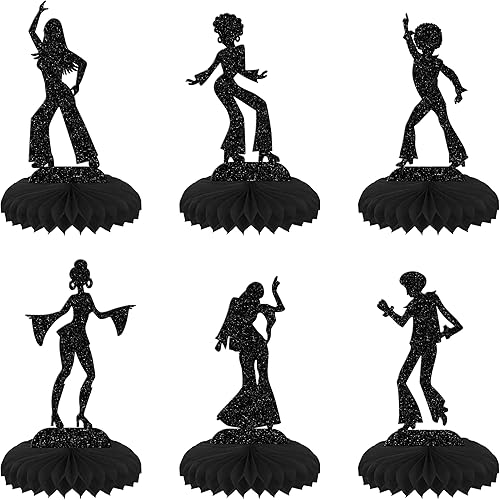 6 piezas de decoraciones de fiesta de discoteca de los años 70, centro de mesa y adornos de panal en purpurina negra para música discoteca temática
