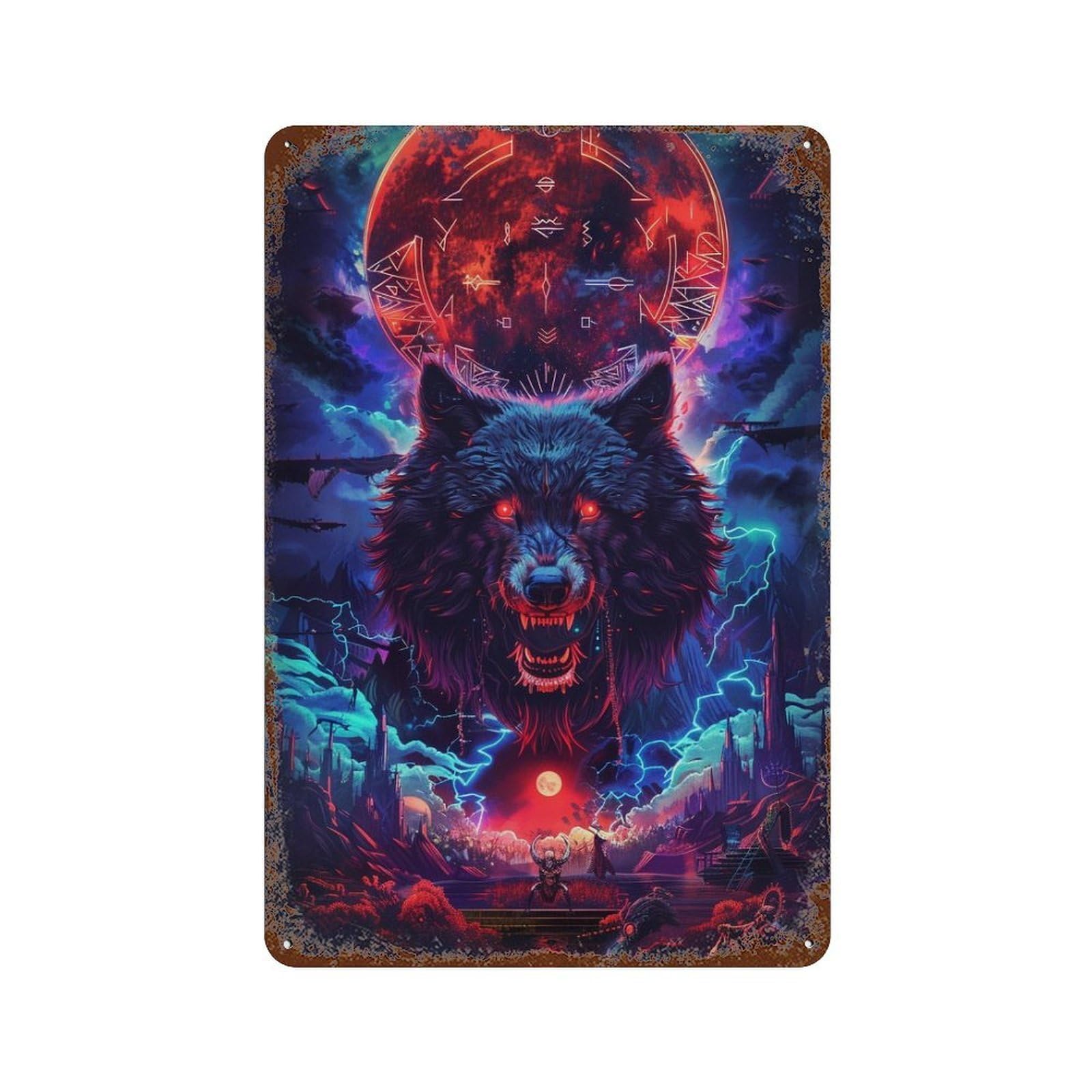 Wolf Moon Fantasy Artwork Weathered Tin Sign 11.8"x7.9", Rustic Home Decor for Office, Studio And Wall Decor