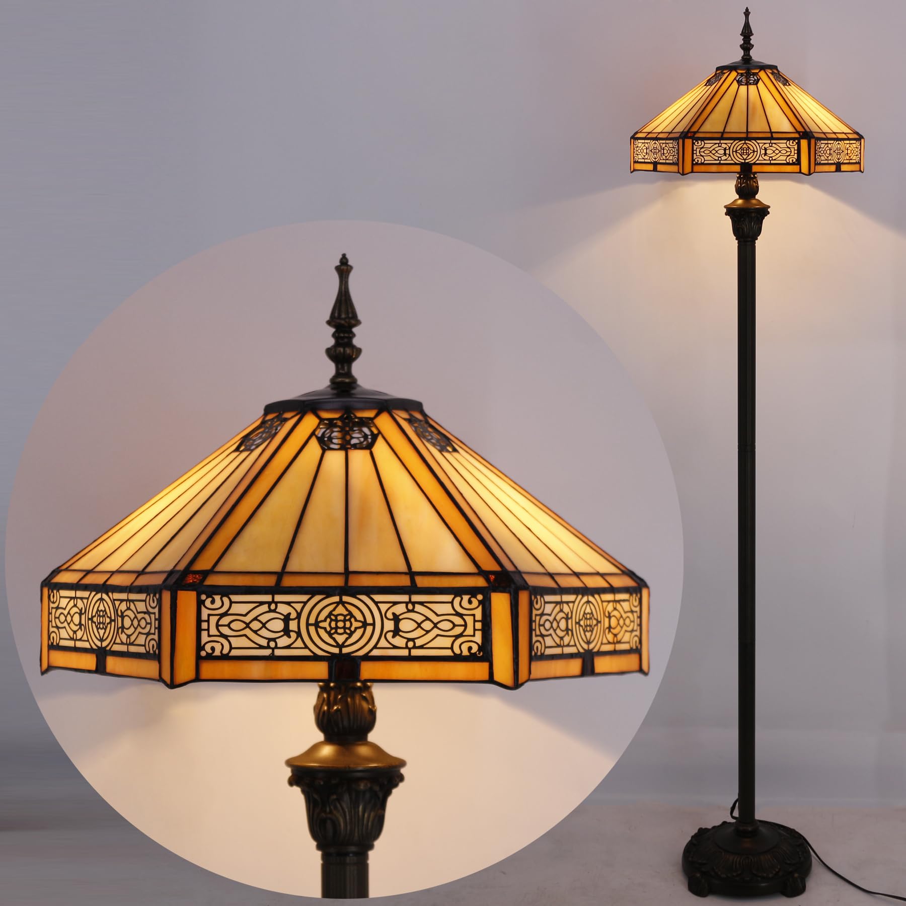 WERFACTORY Tiffany Floor Lamp Yellow Hexagon Stained Glass Mission Standing Reading Light 16X16X64 Inches Antique Pole Corner Lamp — view 7