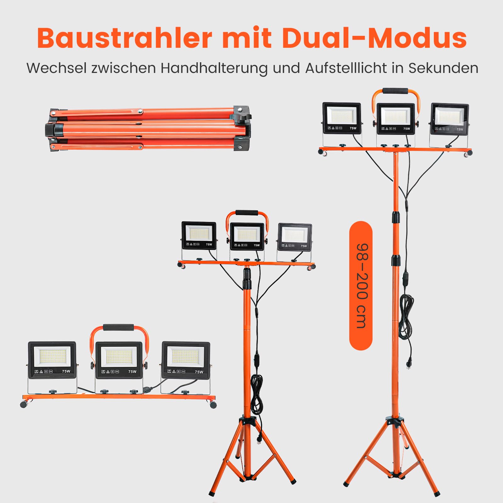 ETOOLAB Baustrahler LED mit Stativ | Baustrahler Led | 30000LM | 225W（ 3x 75W) | StrahlerArbeitsscheinwerfer 5m Bauscheinwerfer | Baustellenlampe | 98-200cm außen höhenverstellbar