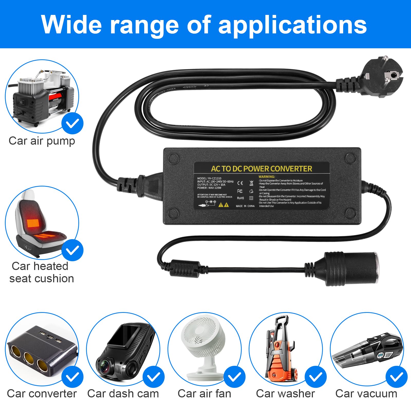 JIZZU 120W 10A AC à DC Adaptateur Converter, 230V à 12V Adaptateur Allume Cigare Secteur pour Voiture, Chargeur Secteur Transformateur Convertisseur pour Gonfleur Pneu, Aspirateur, Glacière