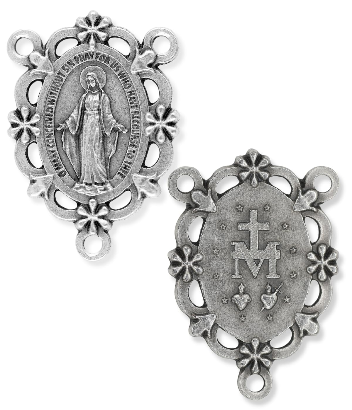 Caritas et Fides Bulk Pack of 2 - Large Ornate Miraculous Medal Center - 1 1/4" Made in Italy Silver Oxidized Finish Catholic Centerpiece for Making Rosaries, Centerpieces for Rosary Making Supplies