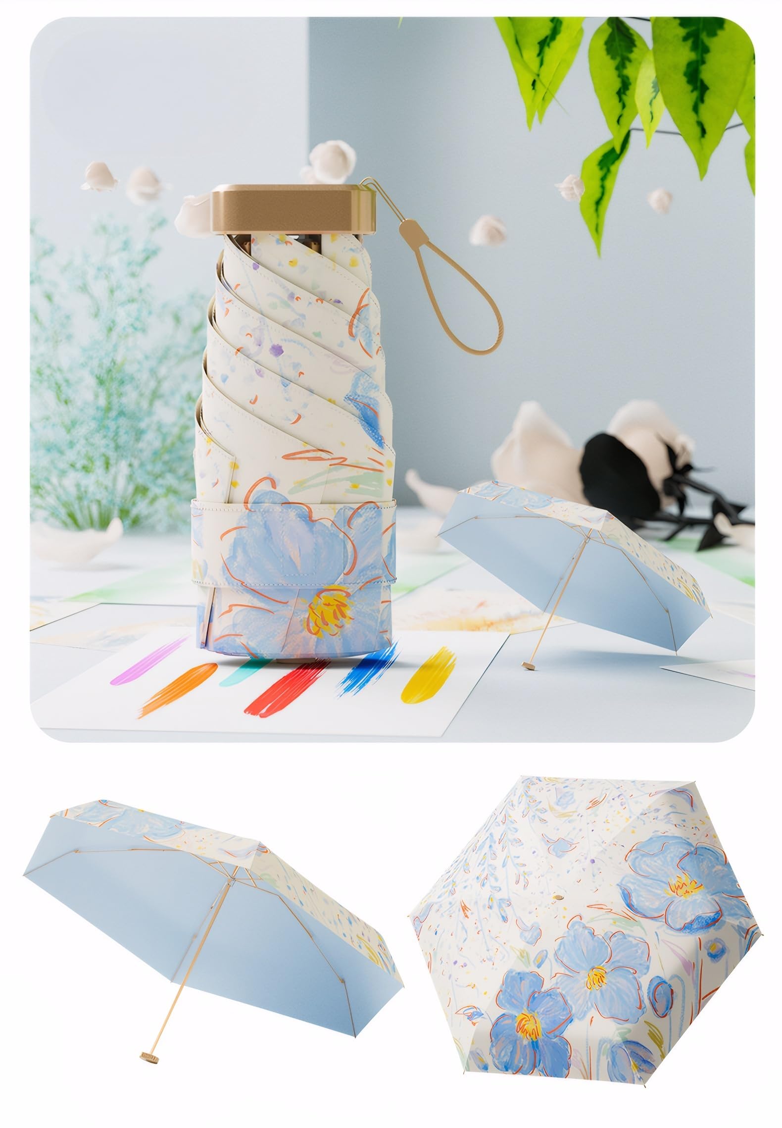 UPF50+ Protezione UV Ombrello da viaggio compatto e leggero Mini portatile antivento Forte impermeabile Pieghevole Ombrellone da sole Alla moda Design floreale per le donne