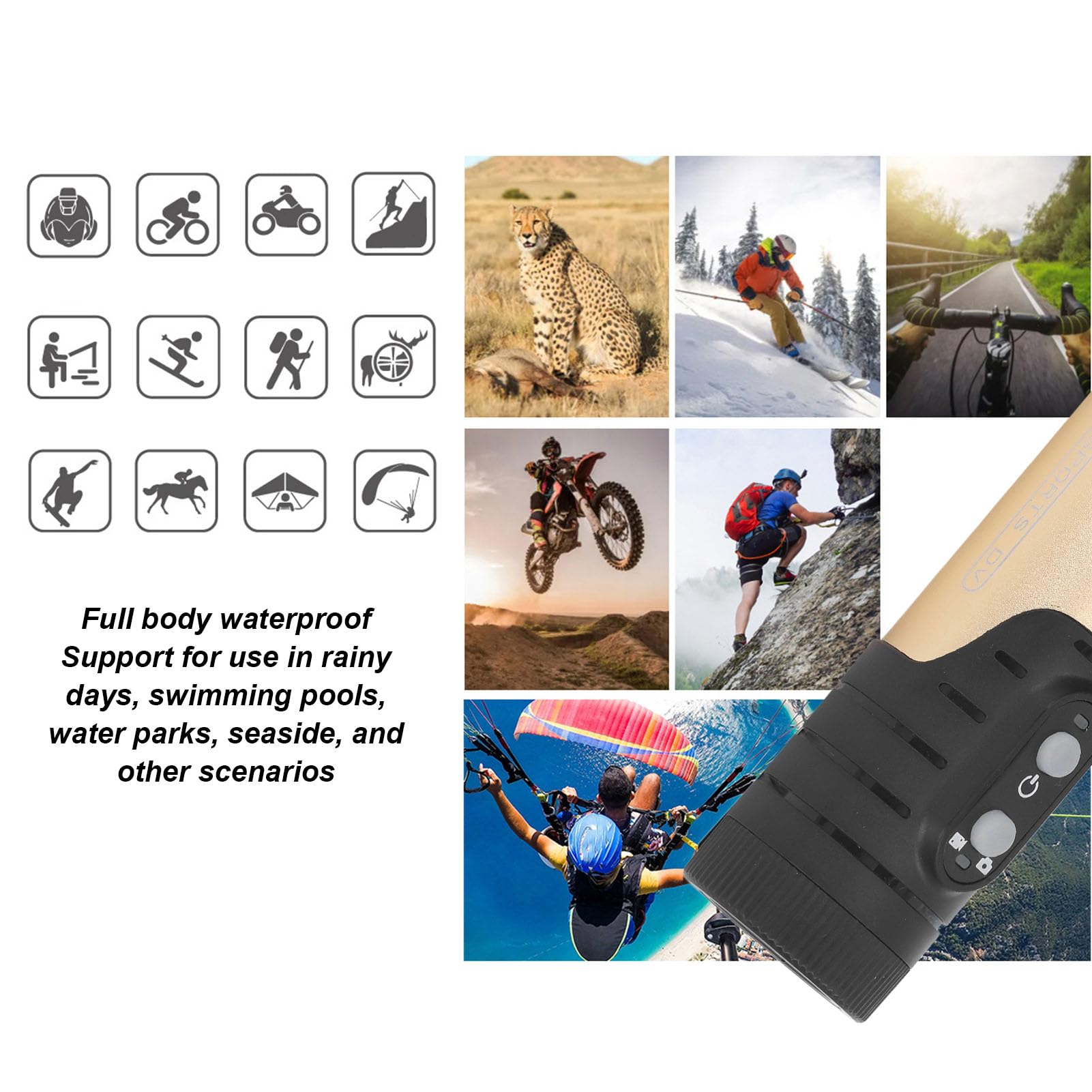 Kamera na Kask Motocyklowy, Rowerowa Kamera Wideo 4K WiFi Kamera Sportowa ze Wspornikiem Uchwytu, Szeroki Kąt 120°, wodoodporność IP66 Sport DV do Dzikiej Przyrody, Jazdy na (GOLD)