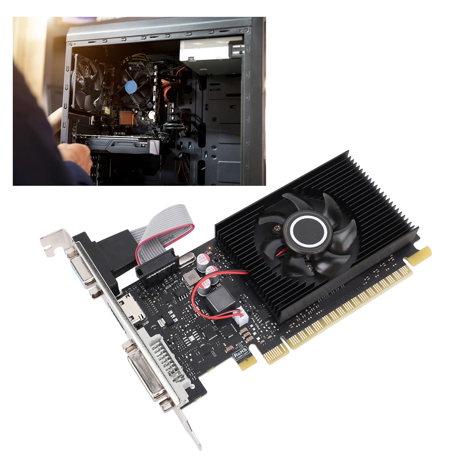 VBESTLIFE Scheda Grafica da 1 GB, GPU DDR3 a 64 Bit, Scheda Video da Gioco PCIE 1.1 X16 589/500 MHz, Scheda Grafica per Computer Desktop con Porte HDMI, DVI, VGA