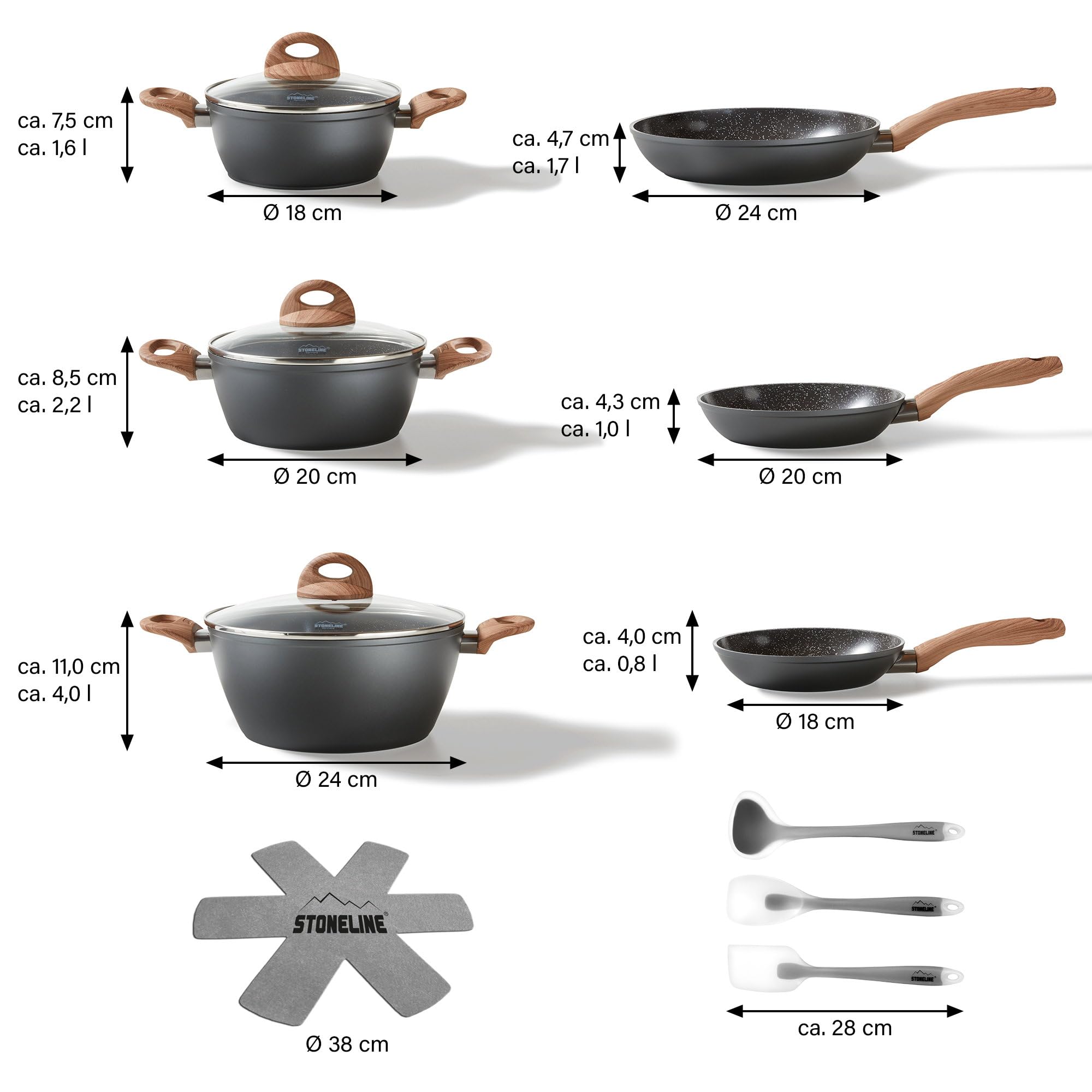 STONELINE Back To Nature Batterie de Cuisine Céramique, Set de 14 pcs, Poêles, Casseroles, Couvercles et Ustensiles de Cuisine, Revêtement Antiadhésif avec de Vraies Particules de Pierre, Motif Bois