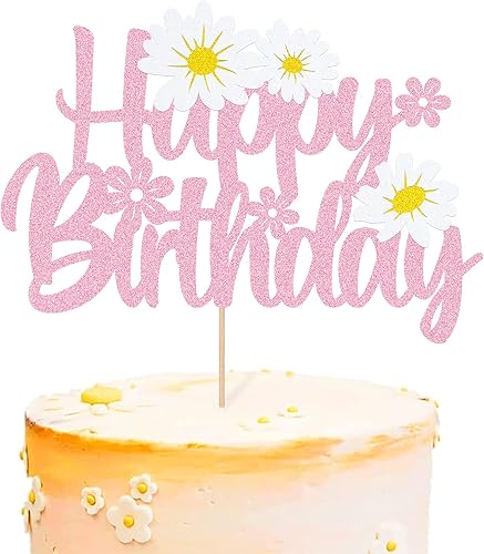 WishFirst - Decoración para pastel de cumpleaños de margaritas, decoración de pastel de flores rosadas, suministros de fiesta de cumpleaños de