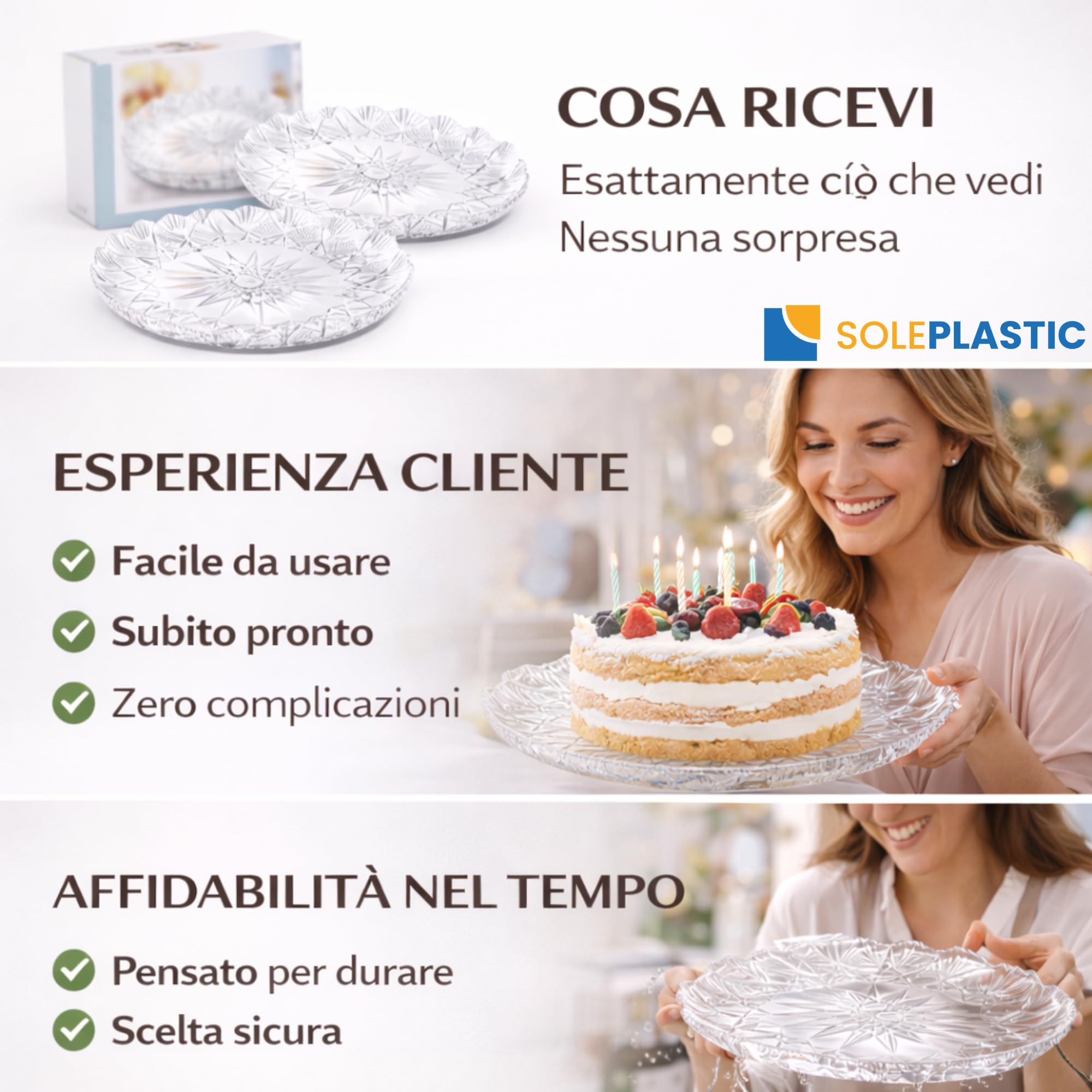 5 Vassoi Porta Torta Rotondi (Ø 33,5 cm) - Trasparenti con Decorazione a Stella in Plastica RESISTENTE e RIUTILIZZABILE - Porta Torte per Pasticceria, Feste, Compleanni, Matrimoni e Altro