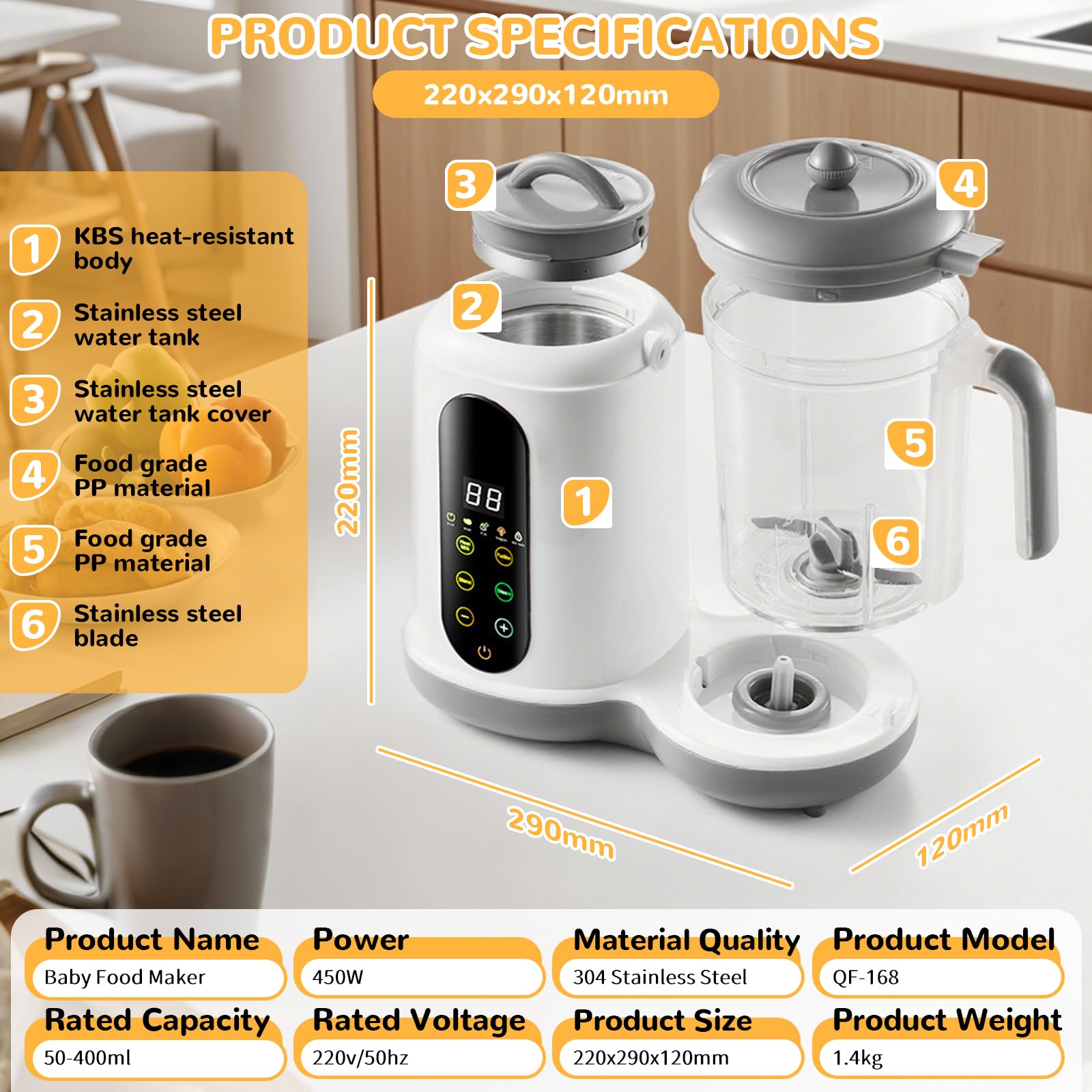 Robot Cuiseur Mixeur pour Bébés, Cuiseur Mixeur Multifonctions, Robot Cuiseur Bebe, Cuisson et Mixage Automatiques, Vapeur, Pulse, Stérilise, Nettoyage Automatique, Écran Tactile, 400ML