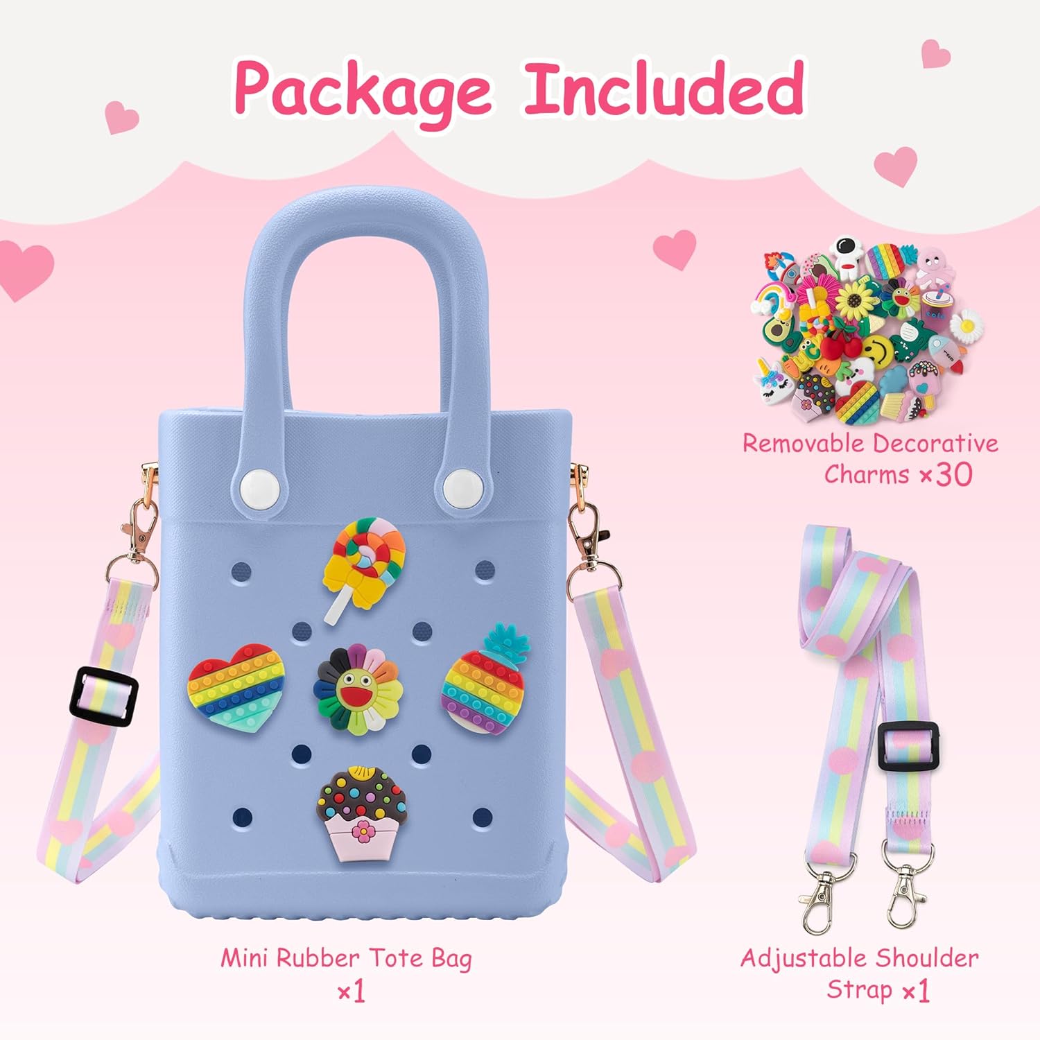 Mini Rubber Tote Bag, EVA Beach Tote with 30 Charms, Cute Bag for Little Girl & Women with Adjustable Shoulder Strap - Image 6