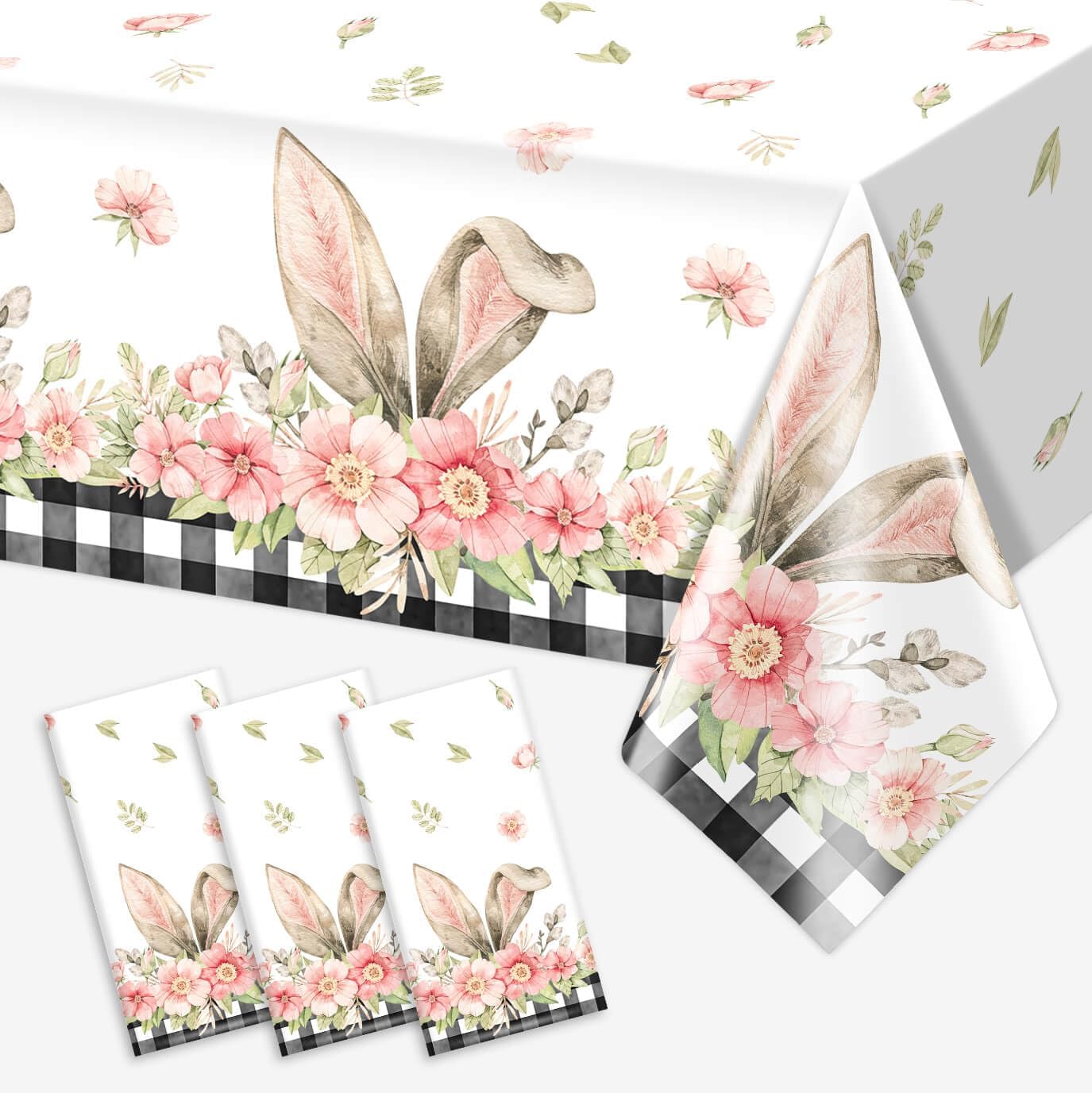 3PCS Spring Bunny Buffalo Plaid Tablecloth Disposable Waterproof Rectangular Bunny Ear Foot Flower Easter Plastic Table Cloth for Happy Easter Party Decorations Supplies 54x108 inch