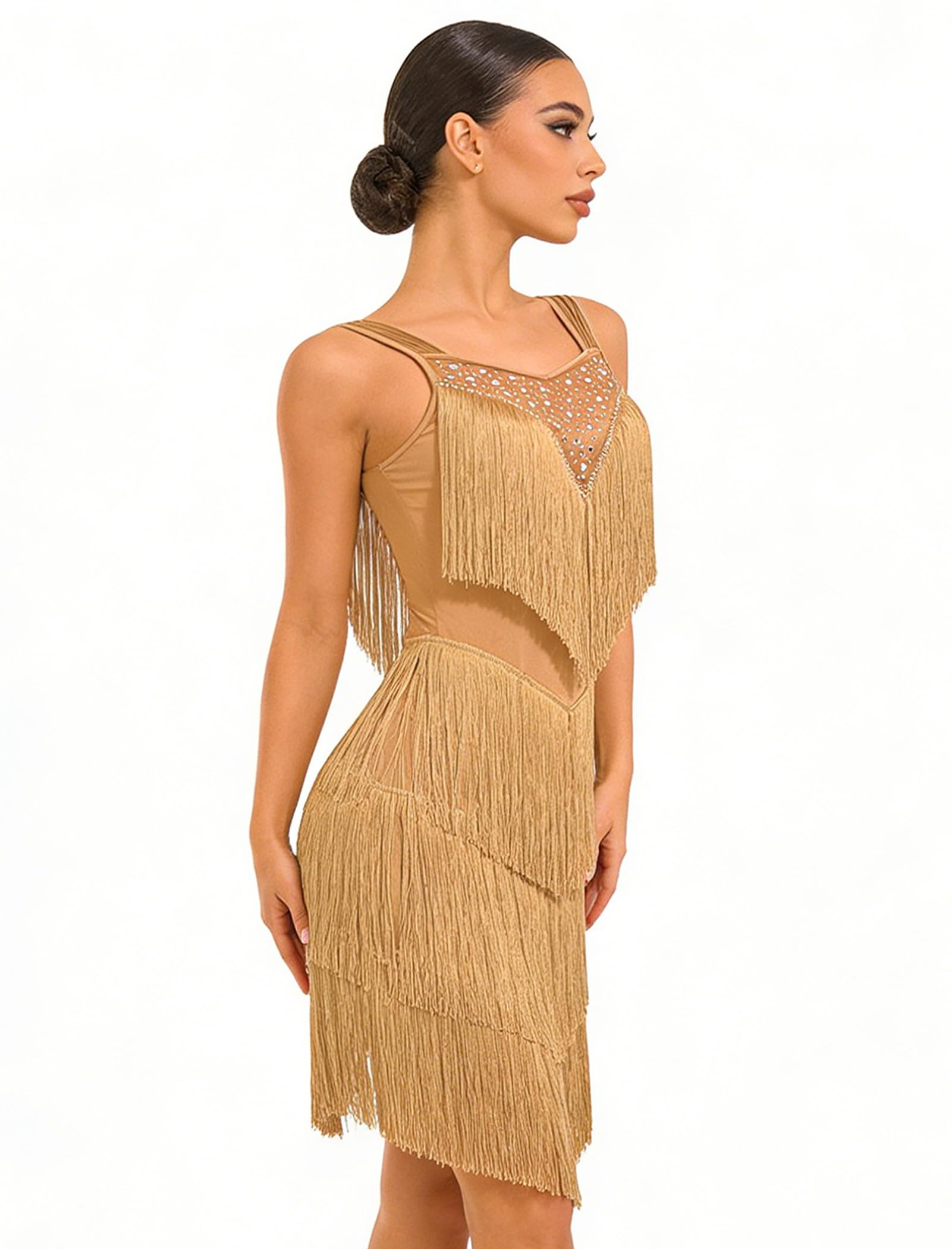 Strass, mehrlagiges Fransenkleid, Ballsaal, Latein-Tanzkleid für Damen, Quaste, Flapper, 1920er Jahre, Gatsby, Salsa, Tango, Tanzoutfit