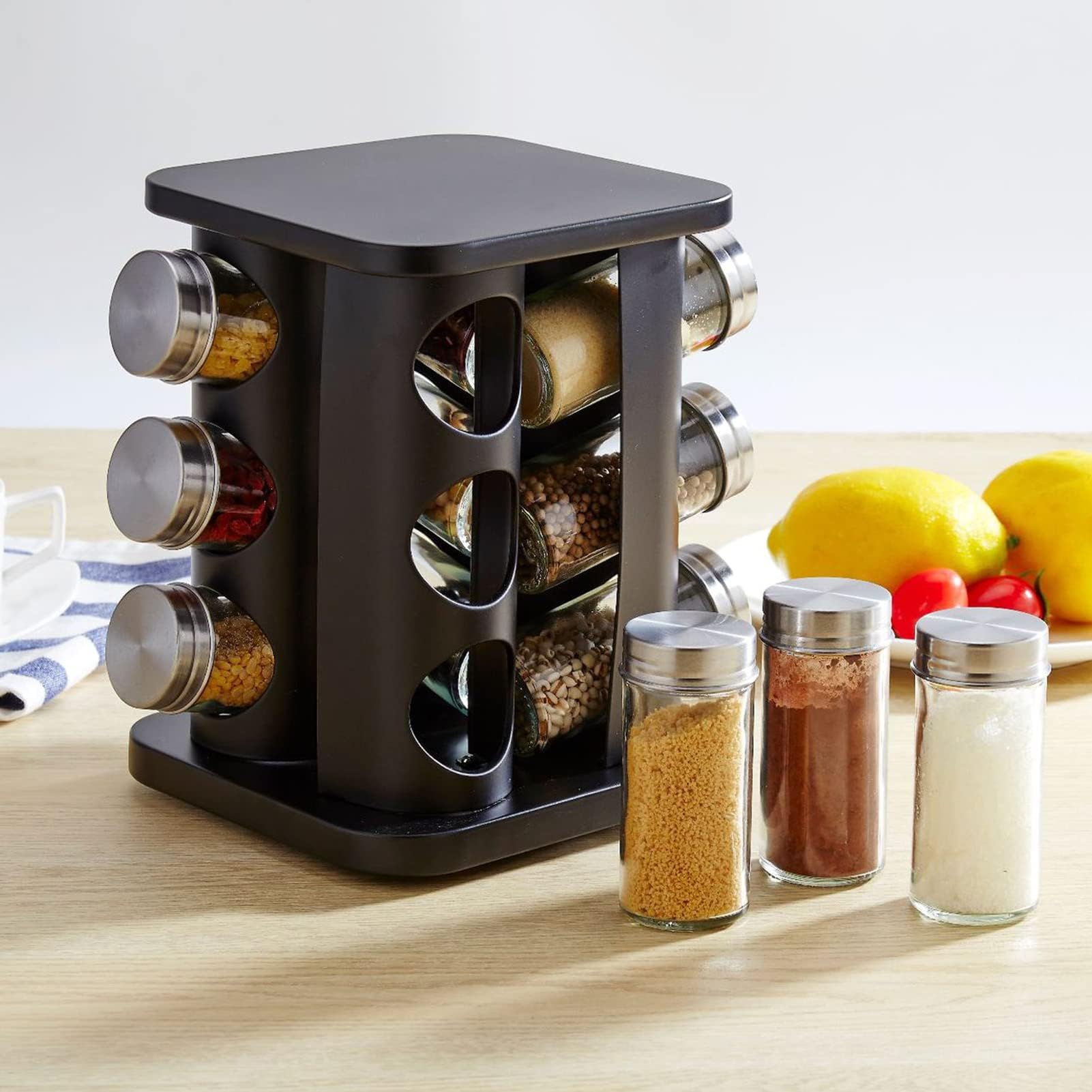 Especiero Giratorio, Especiero Duradero De Acero Inoxidable, Base Estable Conveniente Hermoso Carrusel De Especiero, Para Encimera, Cocina(Negro)