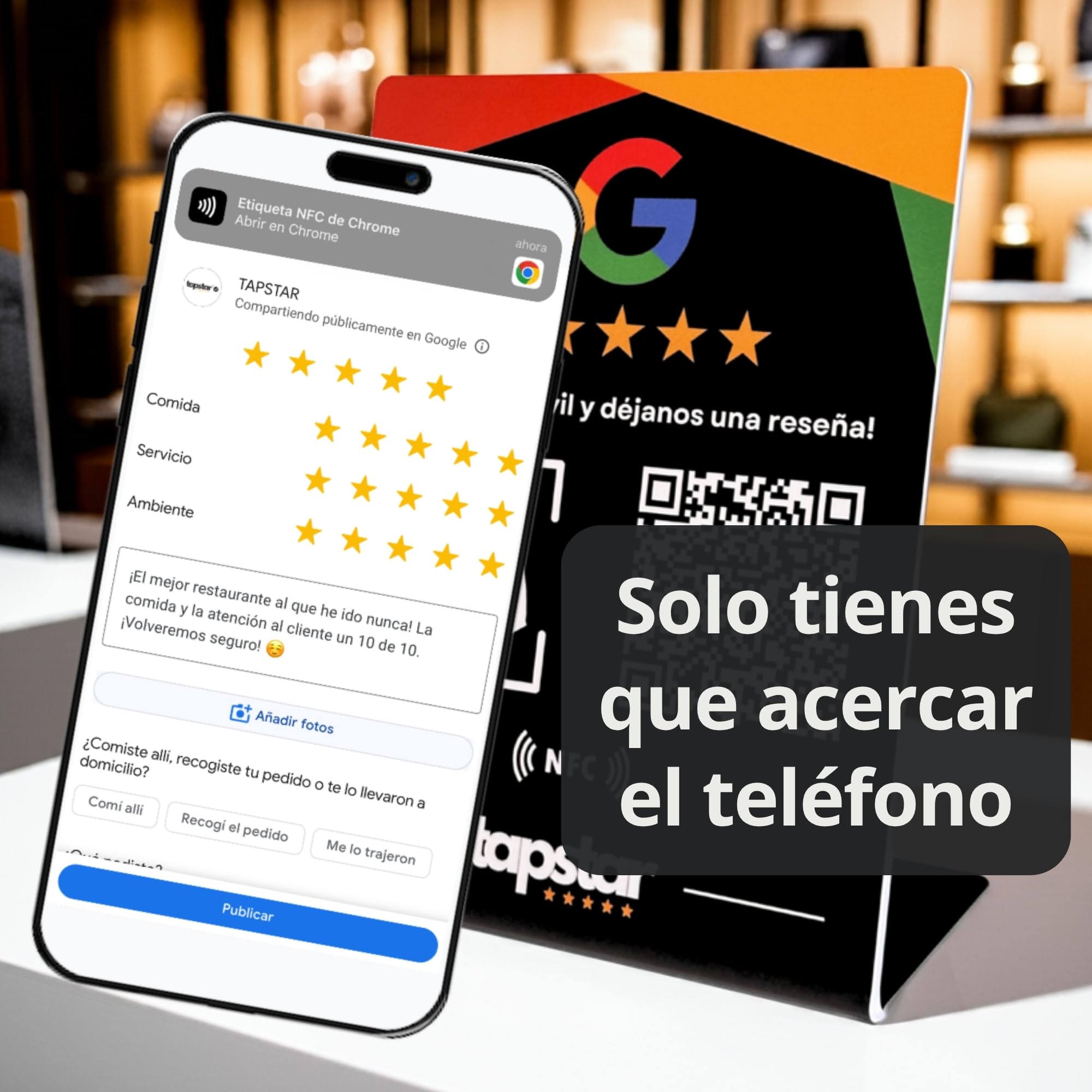 TAPSTAR Soporte Reseñas Google NFC y QR - Expositor Stand Reviews Google - Cartel NFC QR Opiniones Google - Compatible con Android & iPhone - Configuración Fácil con Web App - Sin Suscripciones