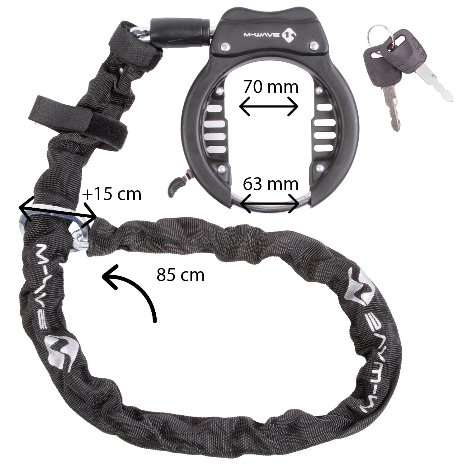 Rahmenschloss mit Kette, 70 mm Durchlaufbreite, Kette 1000 mm, ideal für breite Reifen, RINGCHAIN XL von M-WAVE
