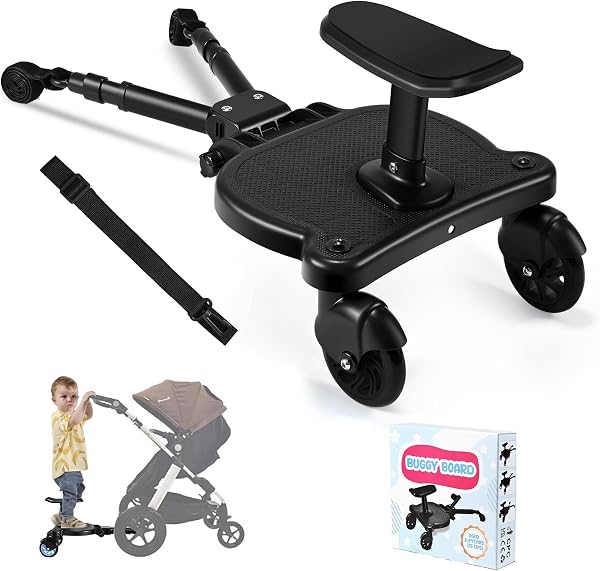 Universal Buggy Board with Seat, Adjustable Kiddy Board, Pram Standing Board Compatible with Over 99% of Pushchairs, for Children from 2-6 Years, Load 25 KG - 1