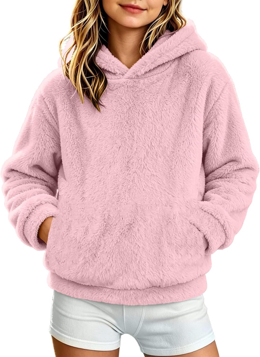 Girls Fuzzy Fleece Hoodie Fluffy Faux Fur Sweatshirt Cozy Winter Warm Top