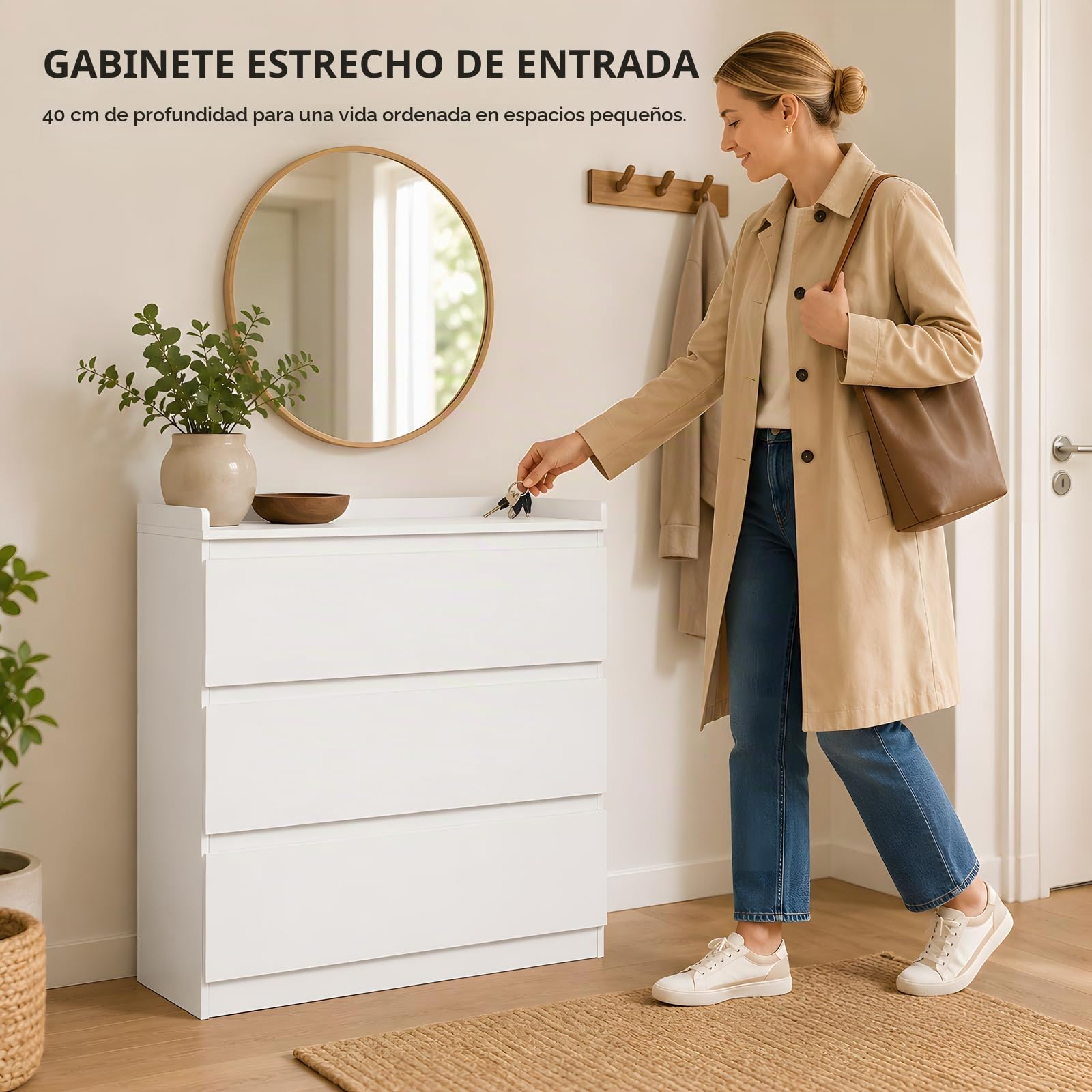 Cómoda Cambiadora Blanca 3 Cajones, Cajonera Blanca para Habitación Infantil y Dormitorio de Padres, Mueble de Almacenaje con Borde Elevado 5 cm, Melamina, 70 x 40 x 80,5 cm