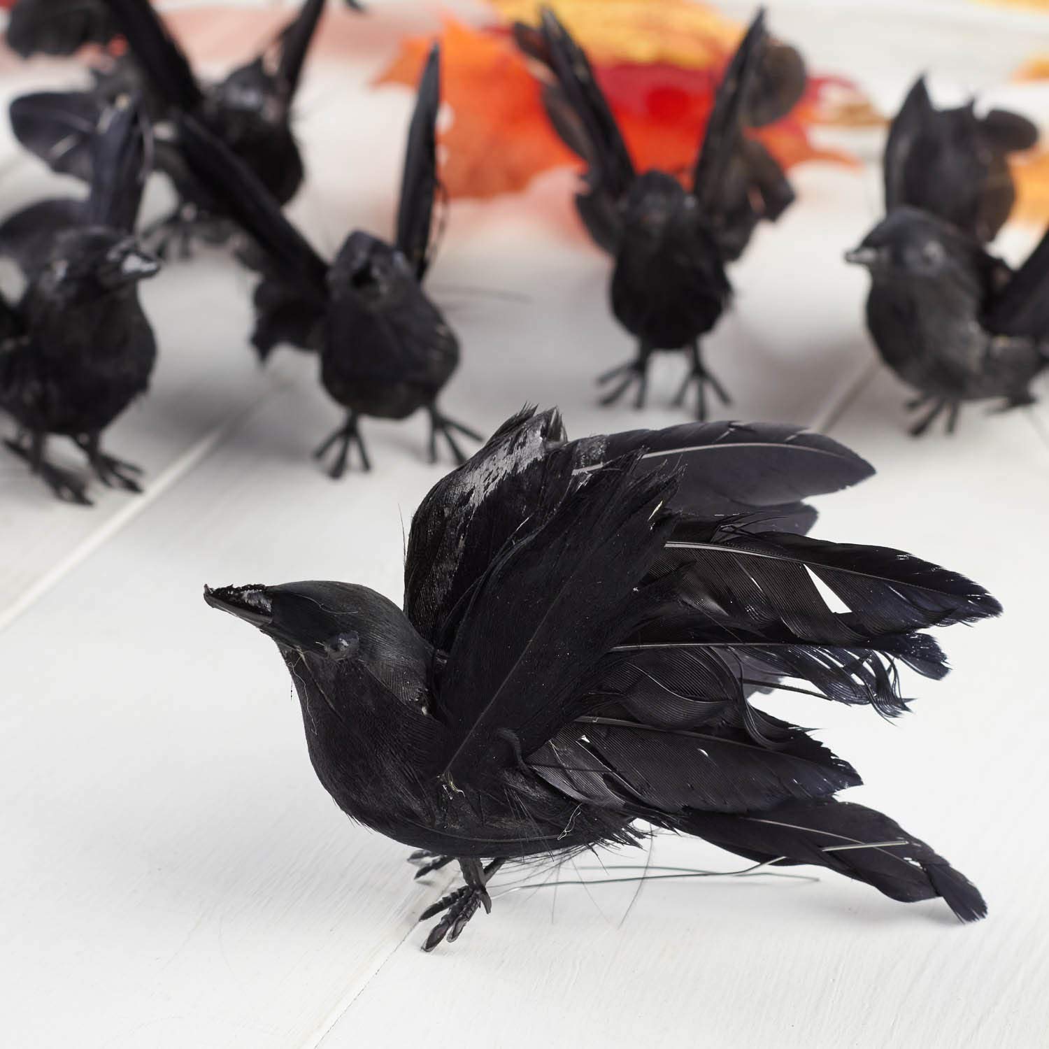 Factory Direct Craft Artificial Black Feather Flying Crows - Realistic Look Fake Black Bird Crows for Haunted House Displays or Costumes and Halloween Decorating, Crafting (6 Pieces)