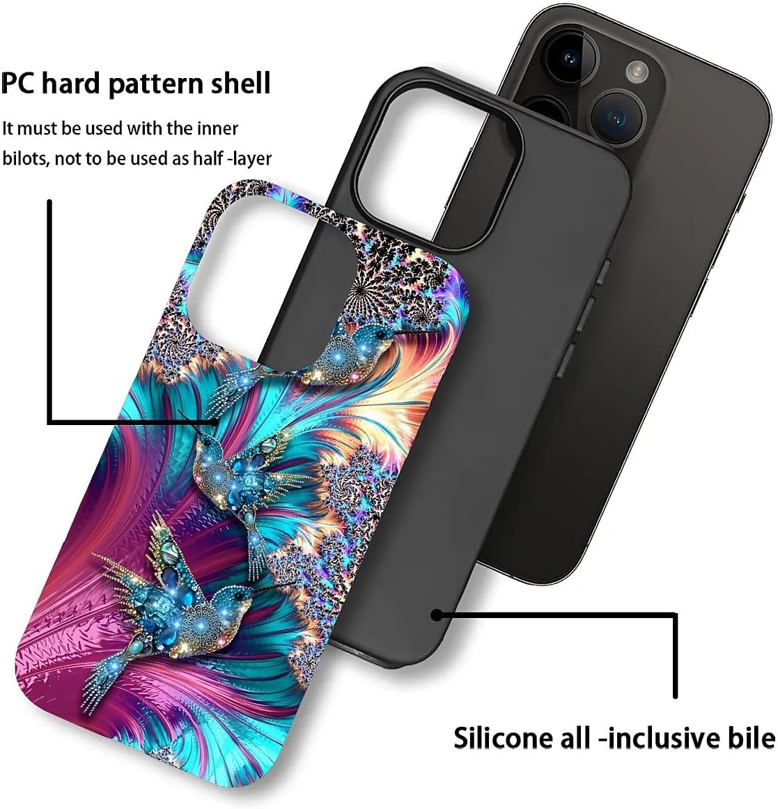 for iPhone 14 Pro Max Case with 2-in-1 Glossy All Inclusive Anti Fall Doublelayer Protection Soft TPU+PC Back Pattern Case Compatible with iPhone 14 Pro Max 6.7inch for Women Diamond Bird - Image 3