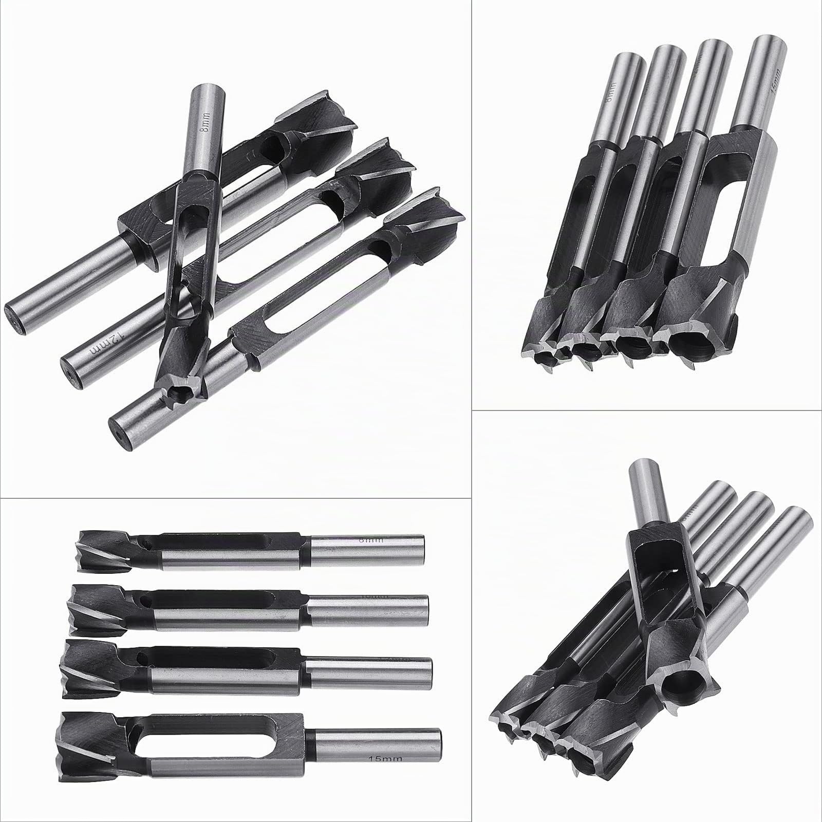 Juego de 4 brocas de espiga profunda para trabajos de carpintería, 8 mm/10 mm/12 mm/15 mm, diámetro cortador de agujeros para madera, cajas de brocas (8 mm/10 mm/12 mm/15 mm)