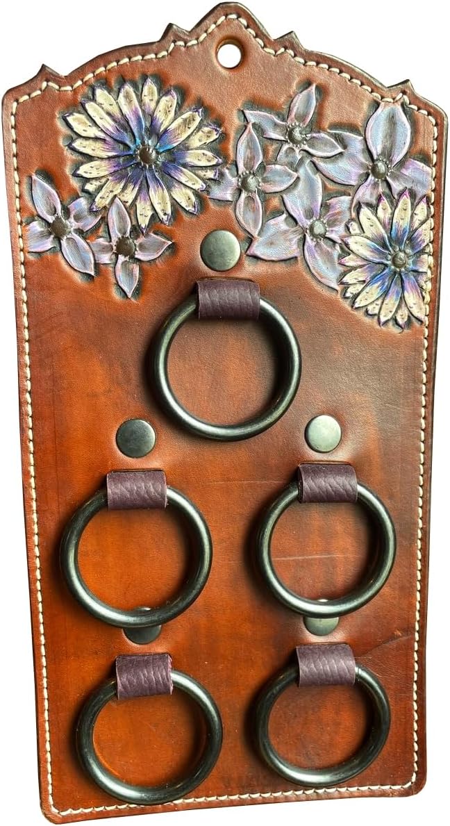 Handcrafted Leather Wild Rag Hanger – Tooled Western Leather Wild Rag Organizer with Heavy-Duty D-Rings – Premium Western Tack Accessory for Scarves, Wild Rags & Gear 007