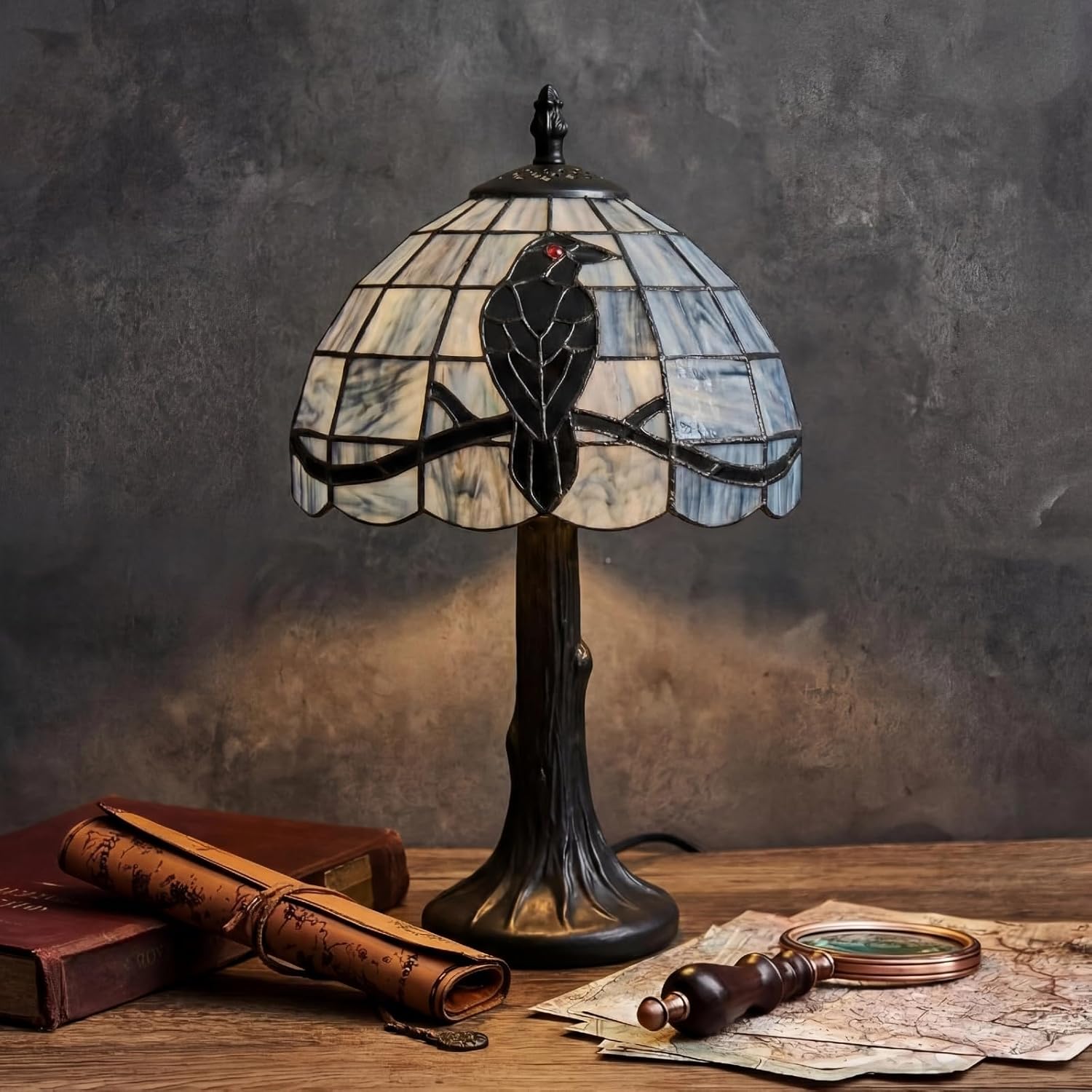 Stained Glass Raven Lamp Table Light with Handcrafted Lampshade - Vintage Spooky Small Crow Lamp for Bedside Bedroom Living Room Goth Gifts Home Decoration(8Wx14.5H,Branch)