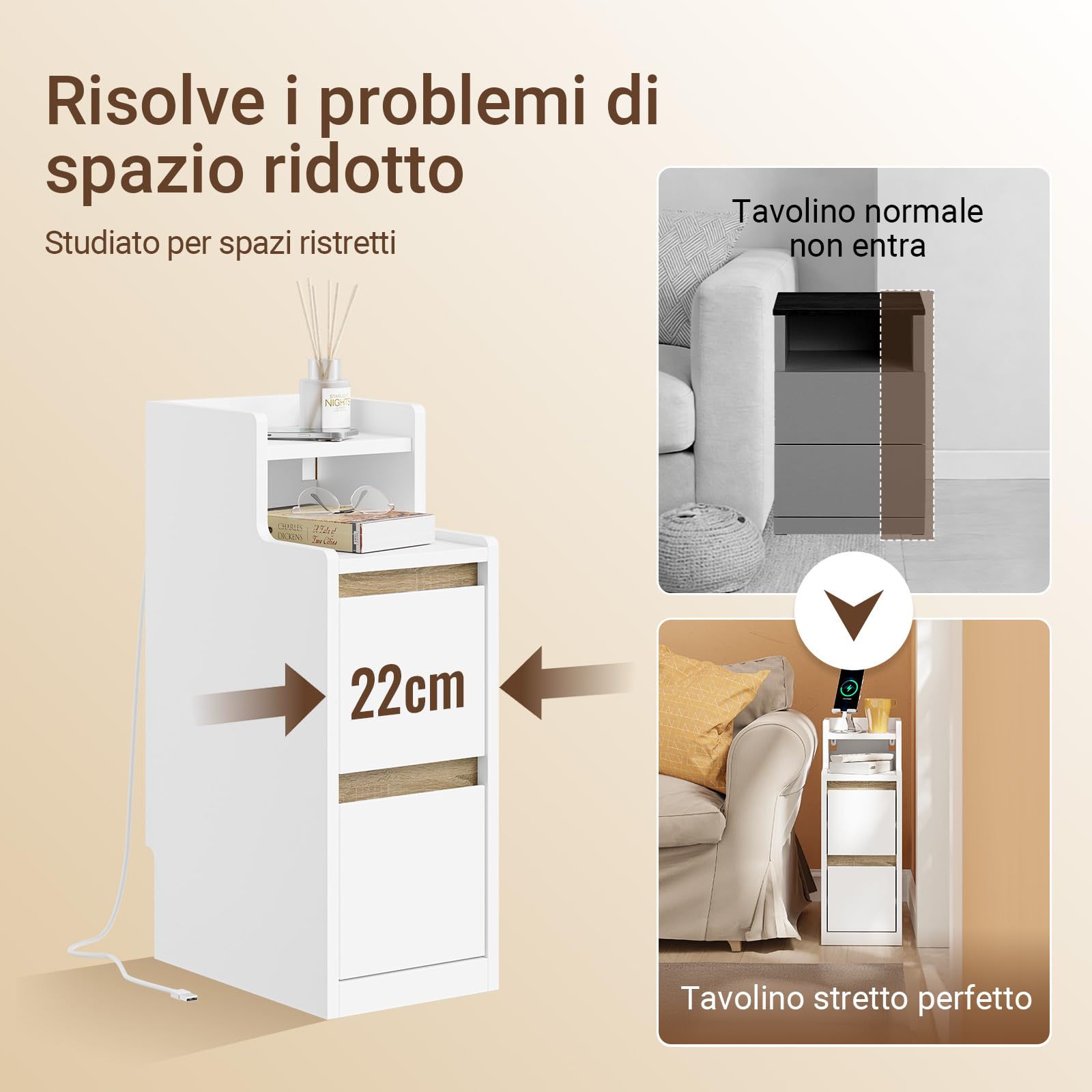SoBuy comodino stretto con ricarica e Lampada LED touch, 22x34x60.5cm | 22cm Tavolino salotto con USB & Type-C, barra LED dimmerabile USB cavo 1,8 m, battiscopa e antiribaltamento, FBT178-E-WN