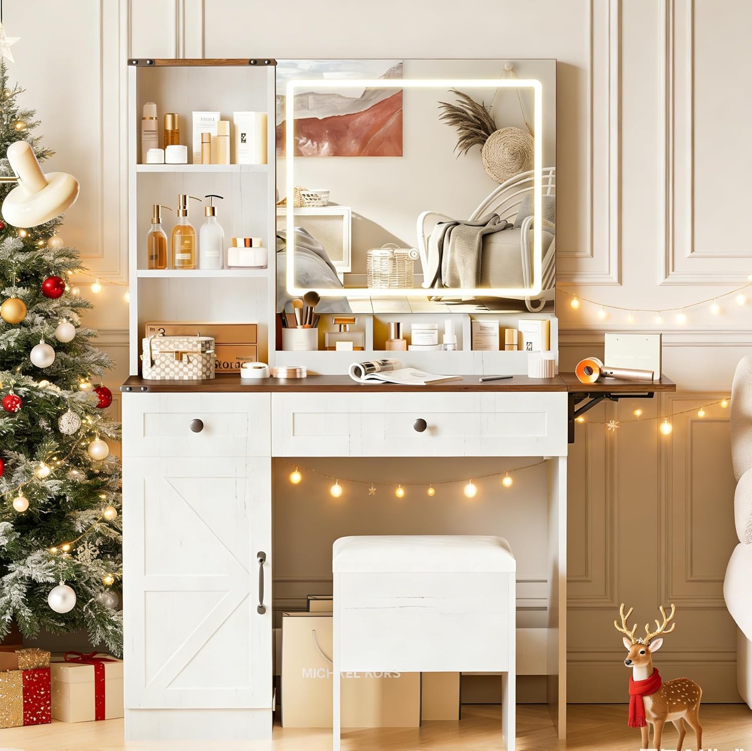 NUNU LAB Vanity Desk with Mirror and Lights with 6 Drawers and 4 Cabinets, Big Women Makeup Table with Power Outlet, 3-Color Adjustable Lighting for Bedroom Brown (Brown)